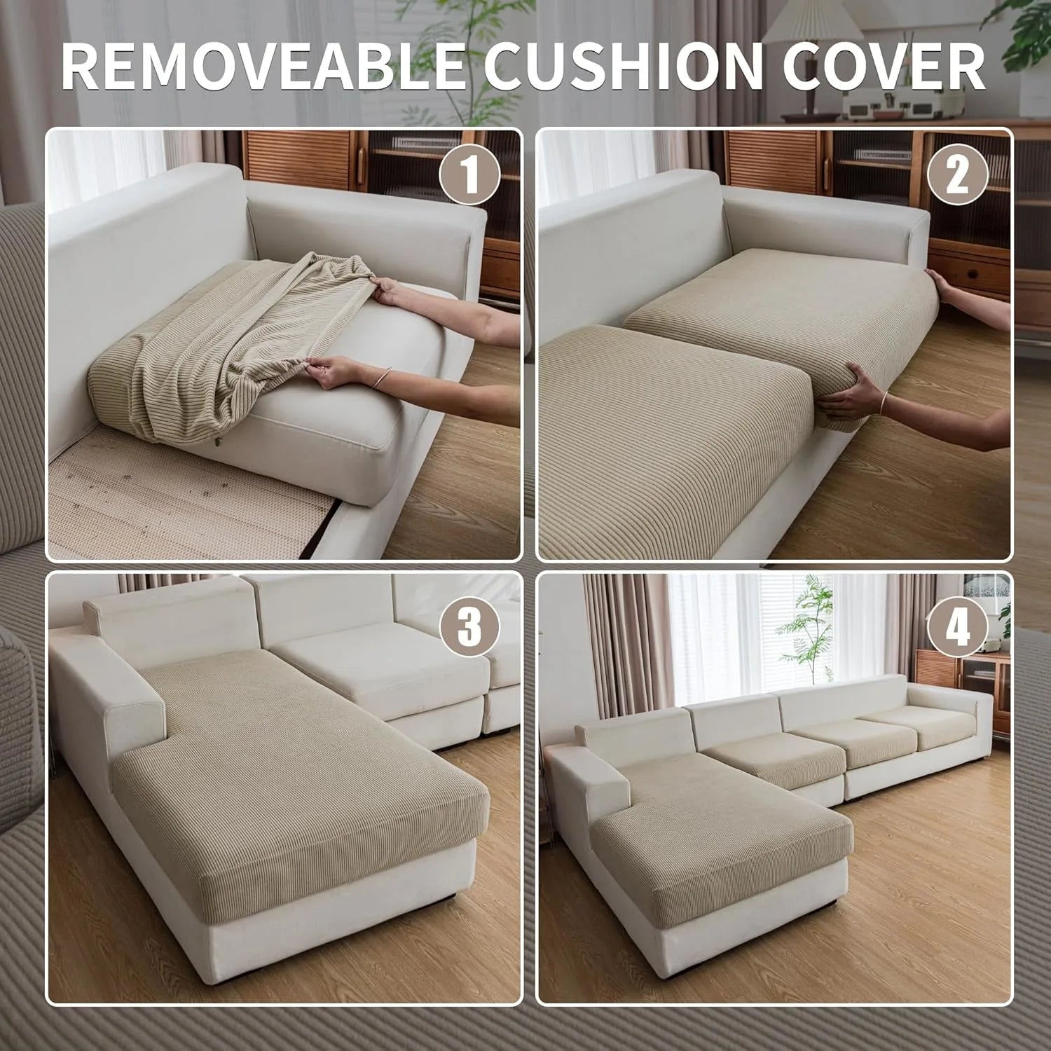 Performance Solid Striped Stretch Sofa Cushion Cover - Light Brown