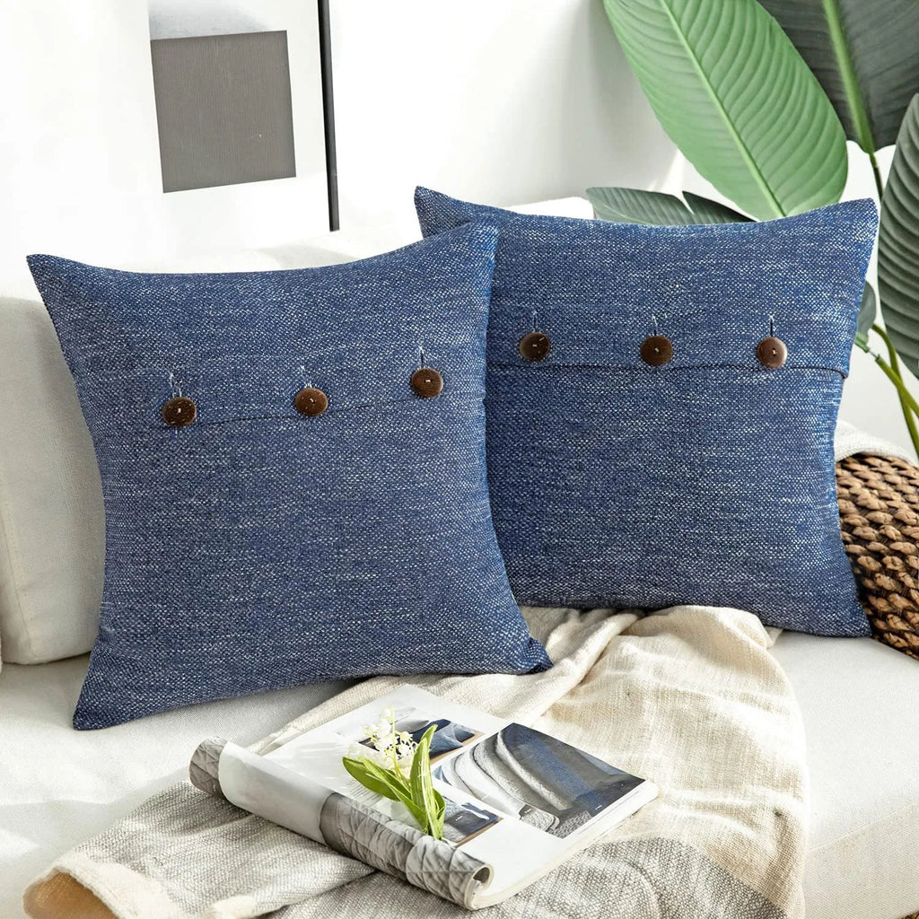 Vintage Triple Button Linen Throw Pillowcase 2 Pack - Navy Blue