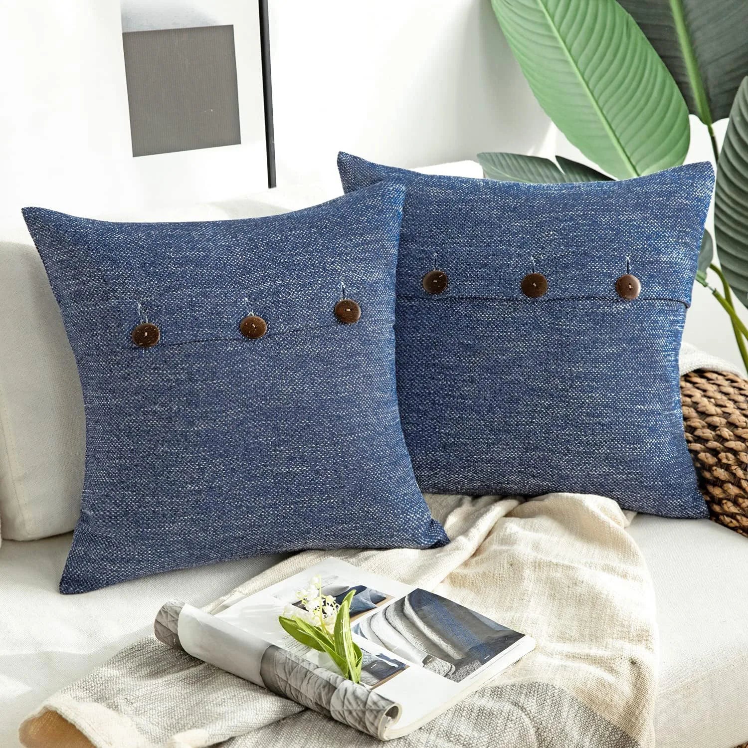Vintage Triple Button Linen Throw Pillowcase 2 Pack - Navy Blue