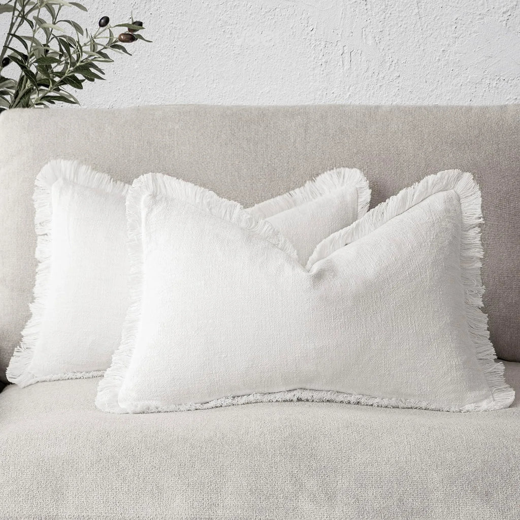 Solid Neutral Linen Fringe Throw Pillowcase 2 Pack - White