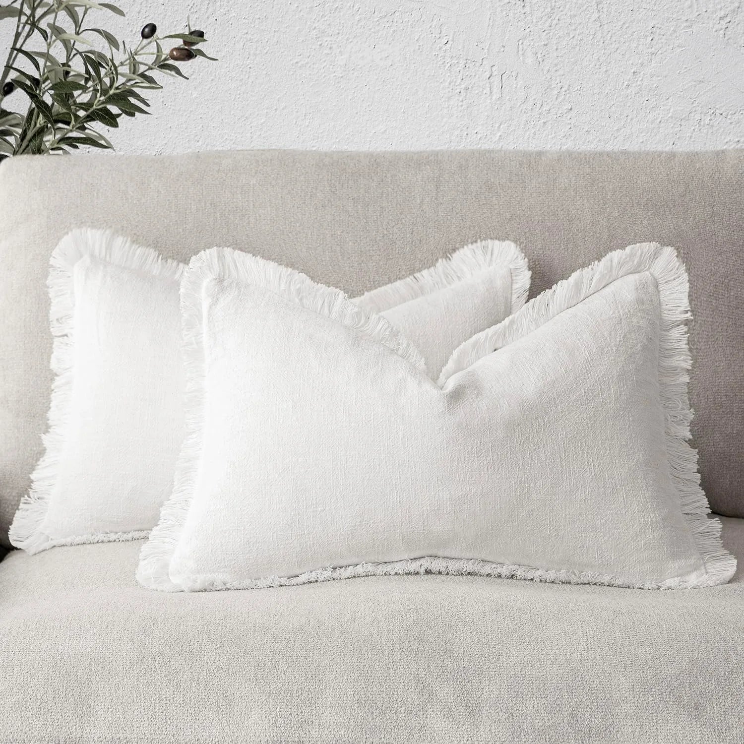 Solid Neutral Linen Fringe Throw Pillowcase 2 Pack - White
