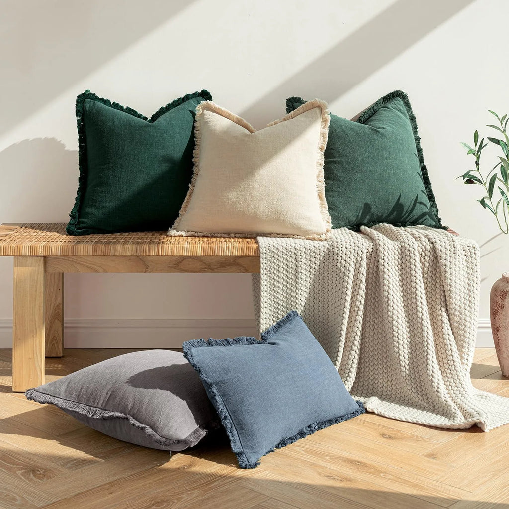 Solid Neutral Linen Fringe Throw Pillowcase 2 Pack - Beige