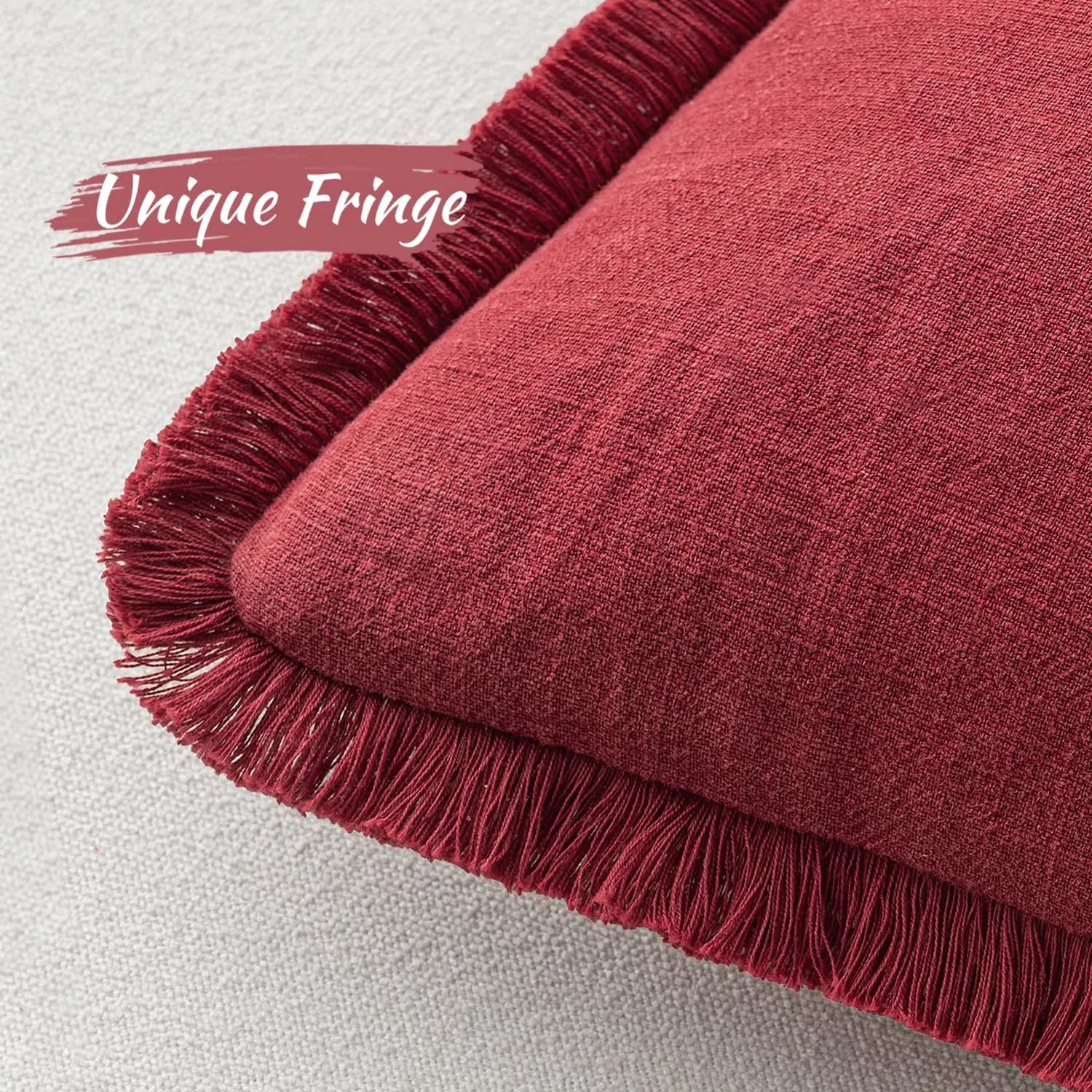 Solid Neutral Linen Fringe Throw Pillowcase 2 Pack - Burgundy