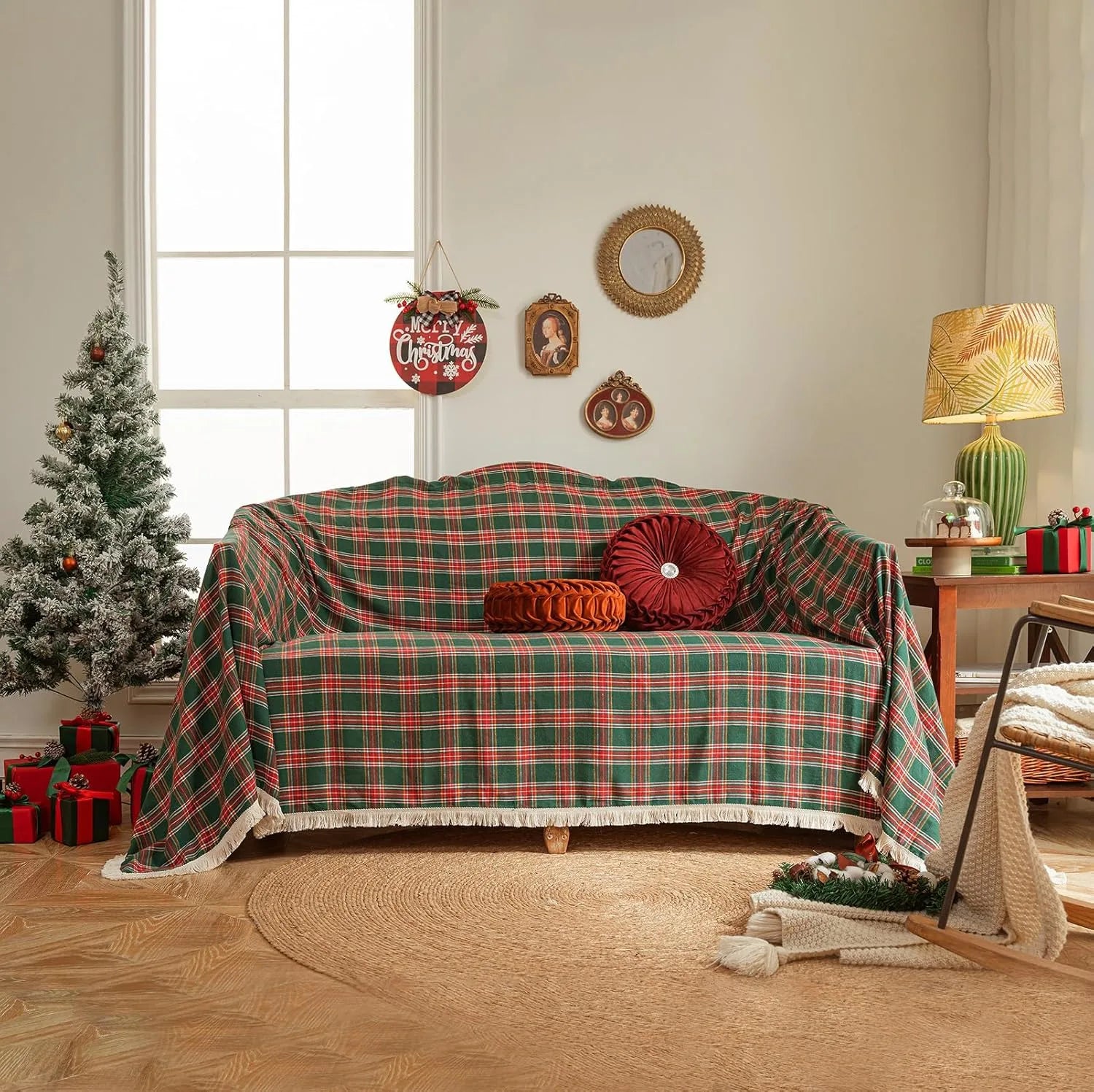 Geometric Couch Cover In Christmas Green/Red