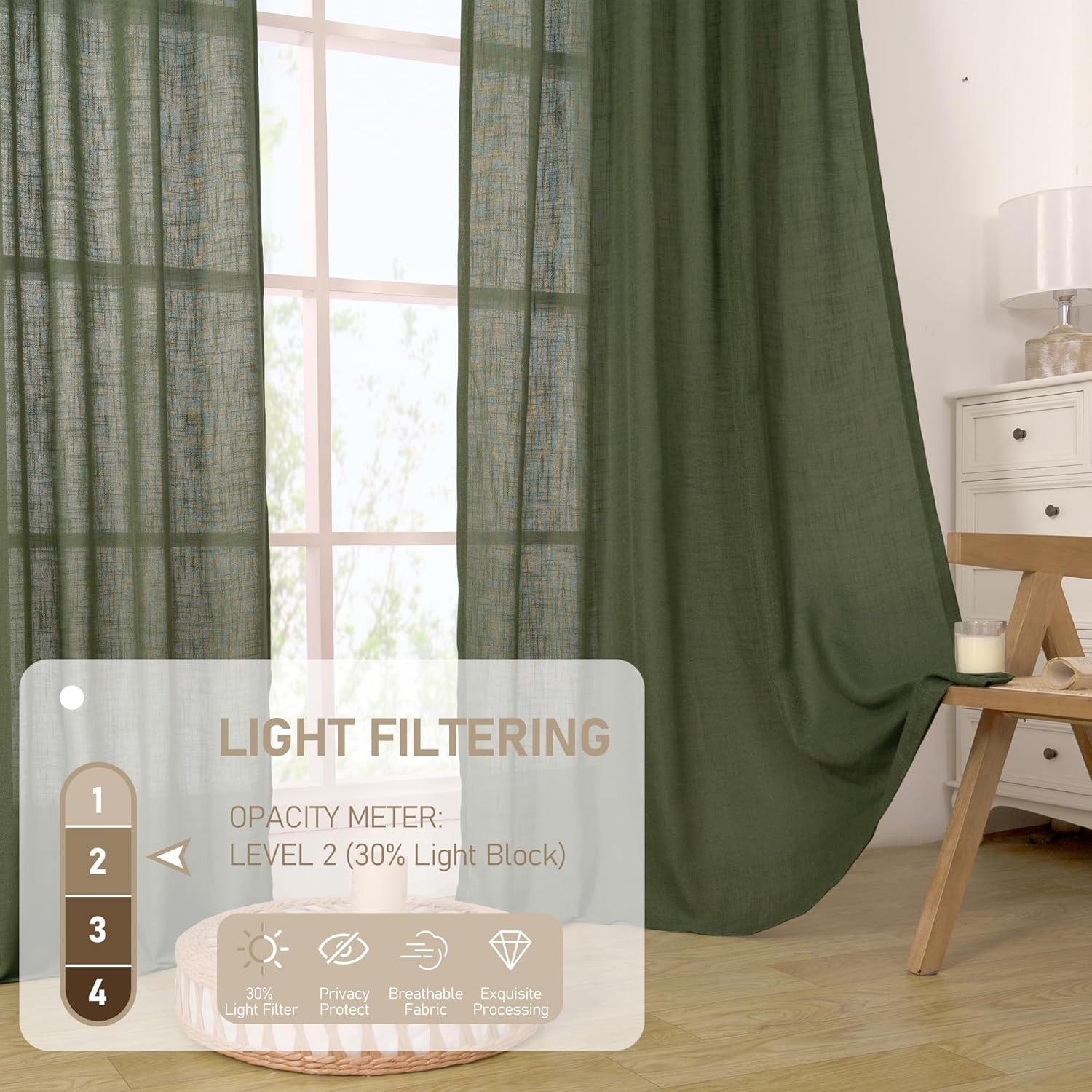 Light filtering Neutral Linen Curtain - Olive Green