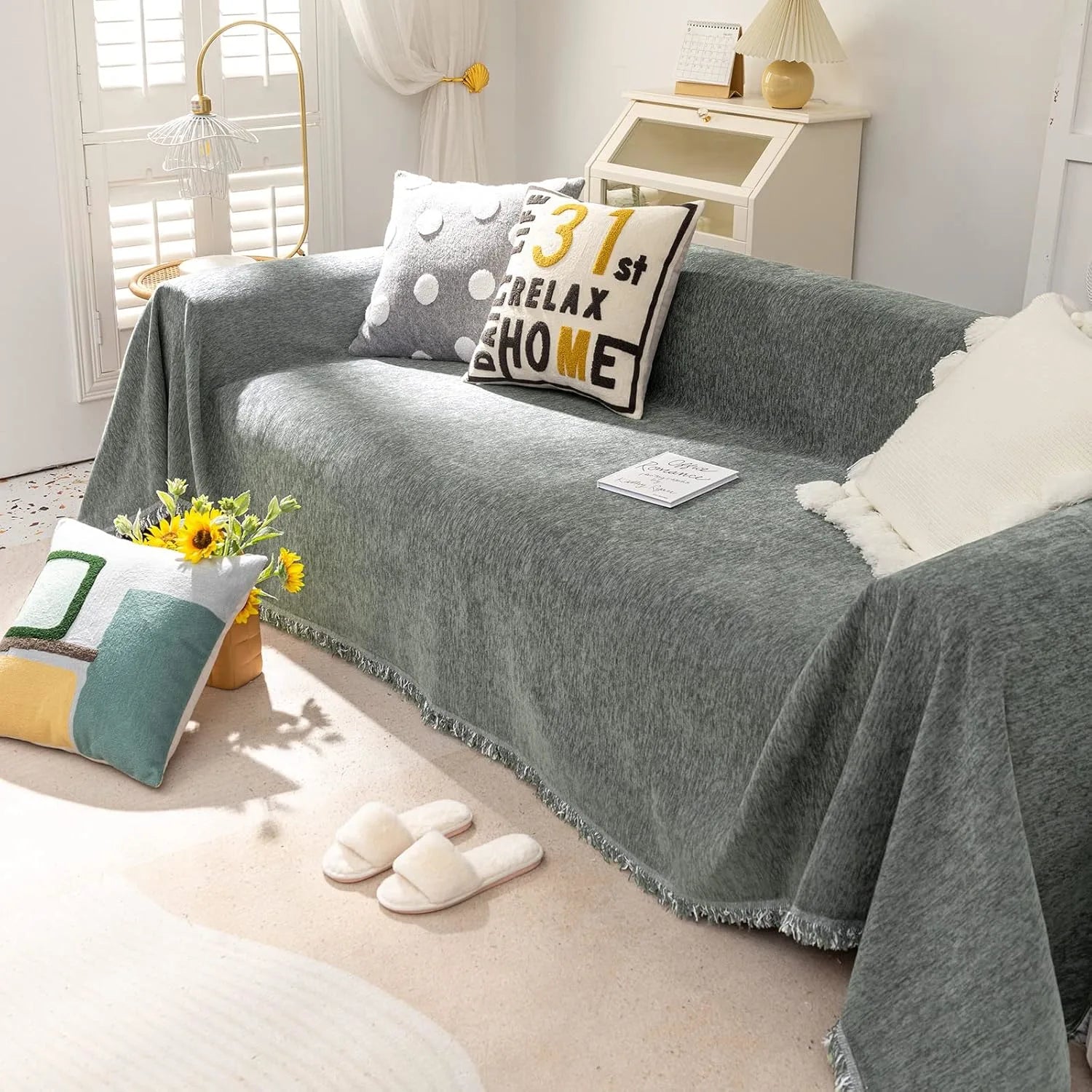 Soild Couch Cover In Tassel Dark Gray