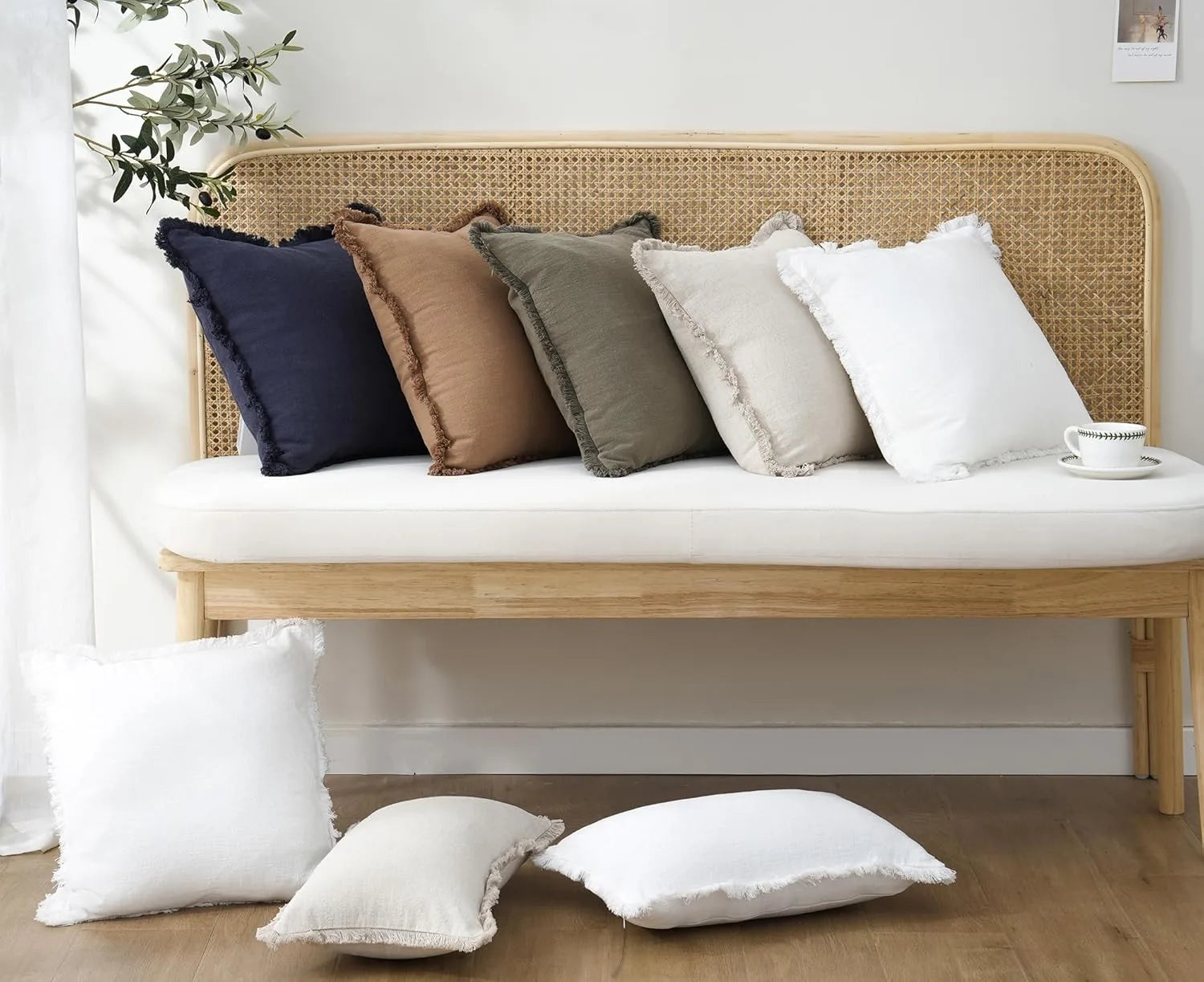 Solid Neutral Linen Fringe Throw Pillowcase 2 Pack - White