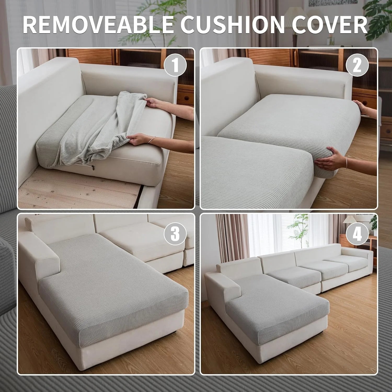 Performance Solid Striped Stretch Sofa Cushion Cover - Light Gray