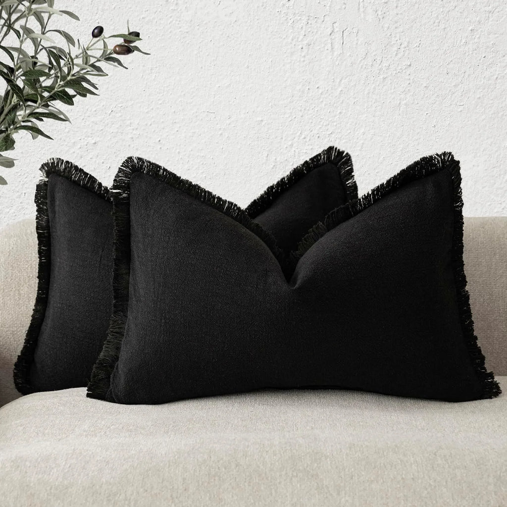 Solid Neutral Linen Fringe Throw Pillowcase 2 Pack - Black
