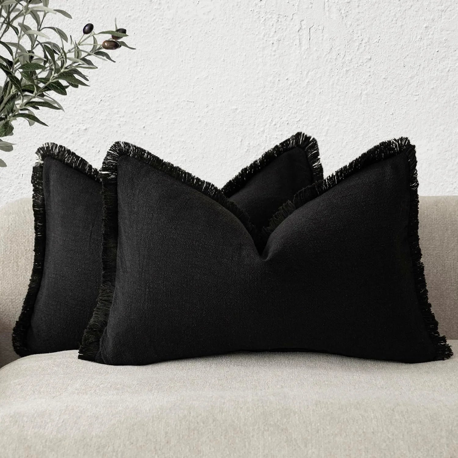Solid Neutral Linen Fringe Throw Pillowcase 2 Pack - Black