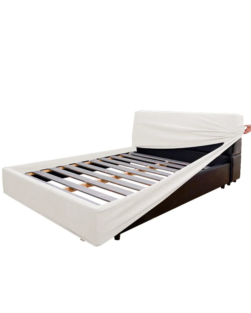 Upholstered Platform Bed + Headboard Cover | Elara Flax