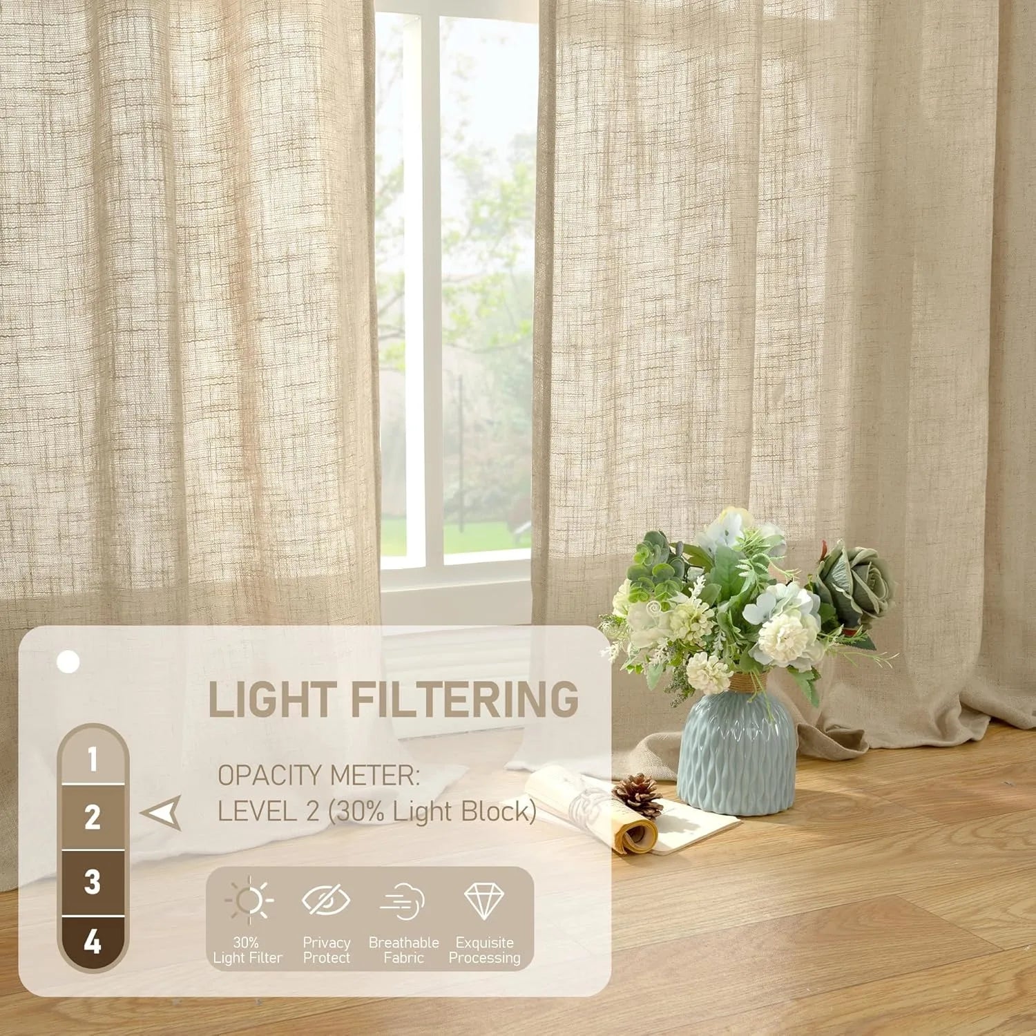 Light filtering Neutral Linen Curtain - Brown