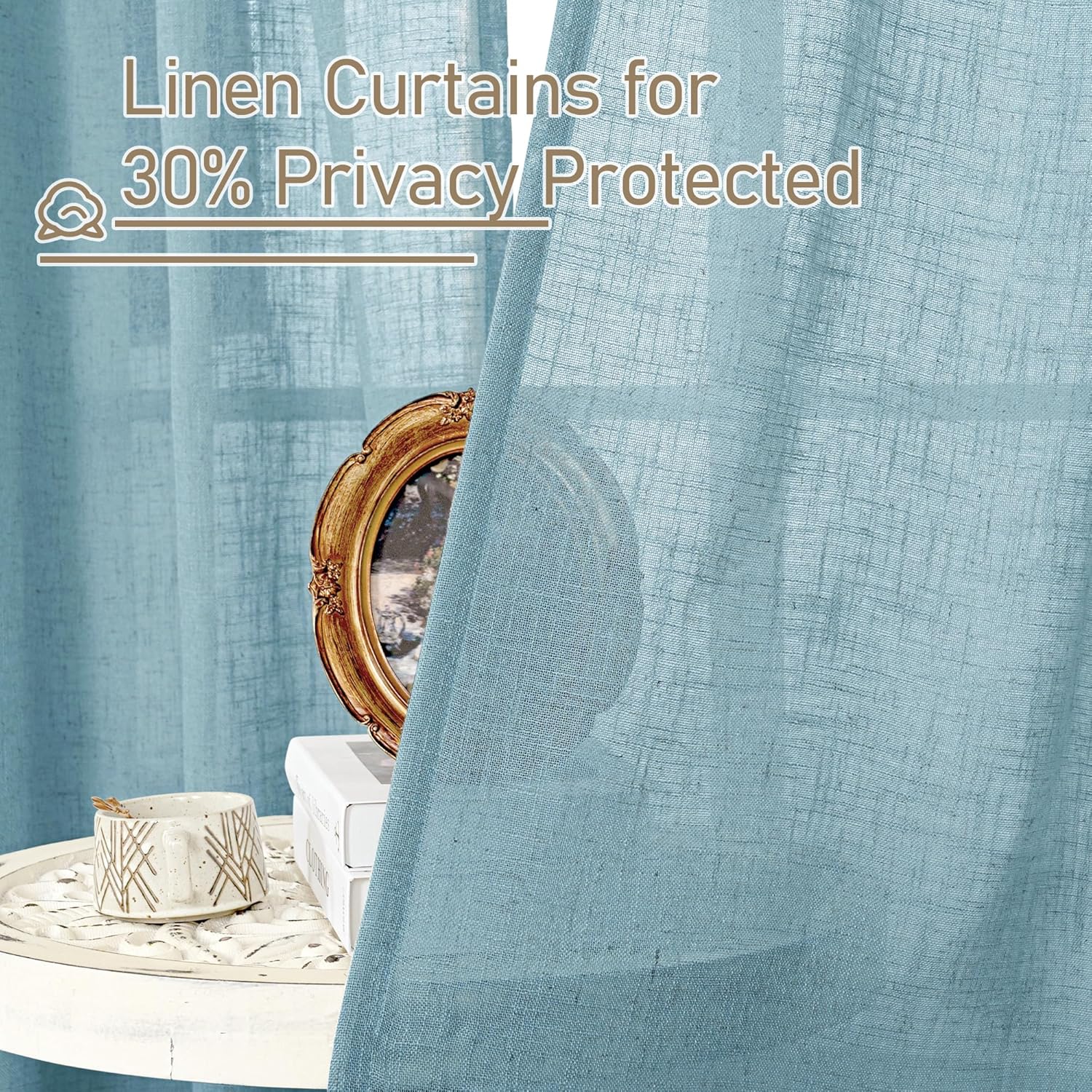 Light filtering Neutral Linen Curtain - Stone Blue
