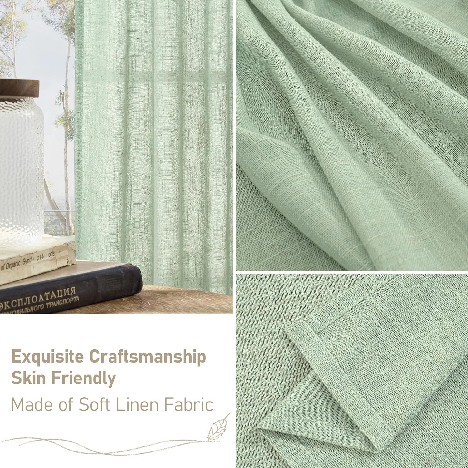 Light filtering Neutral Linen Curtain - Fresh Green