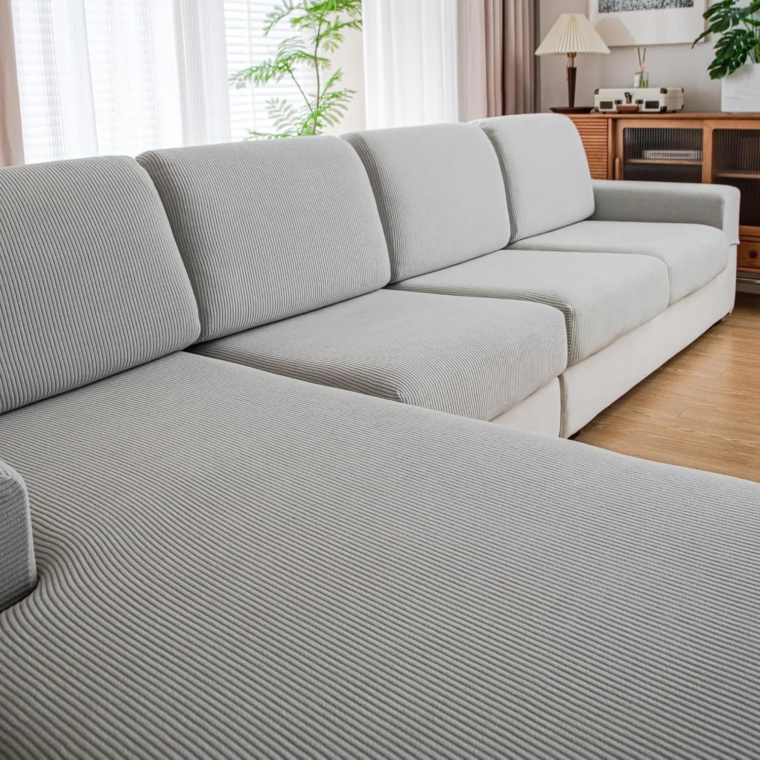 Performance Solid Striped Stretch Sofa Cushion Cover - Light Gray