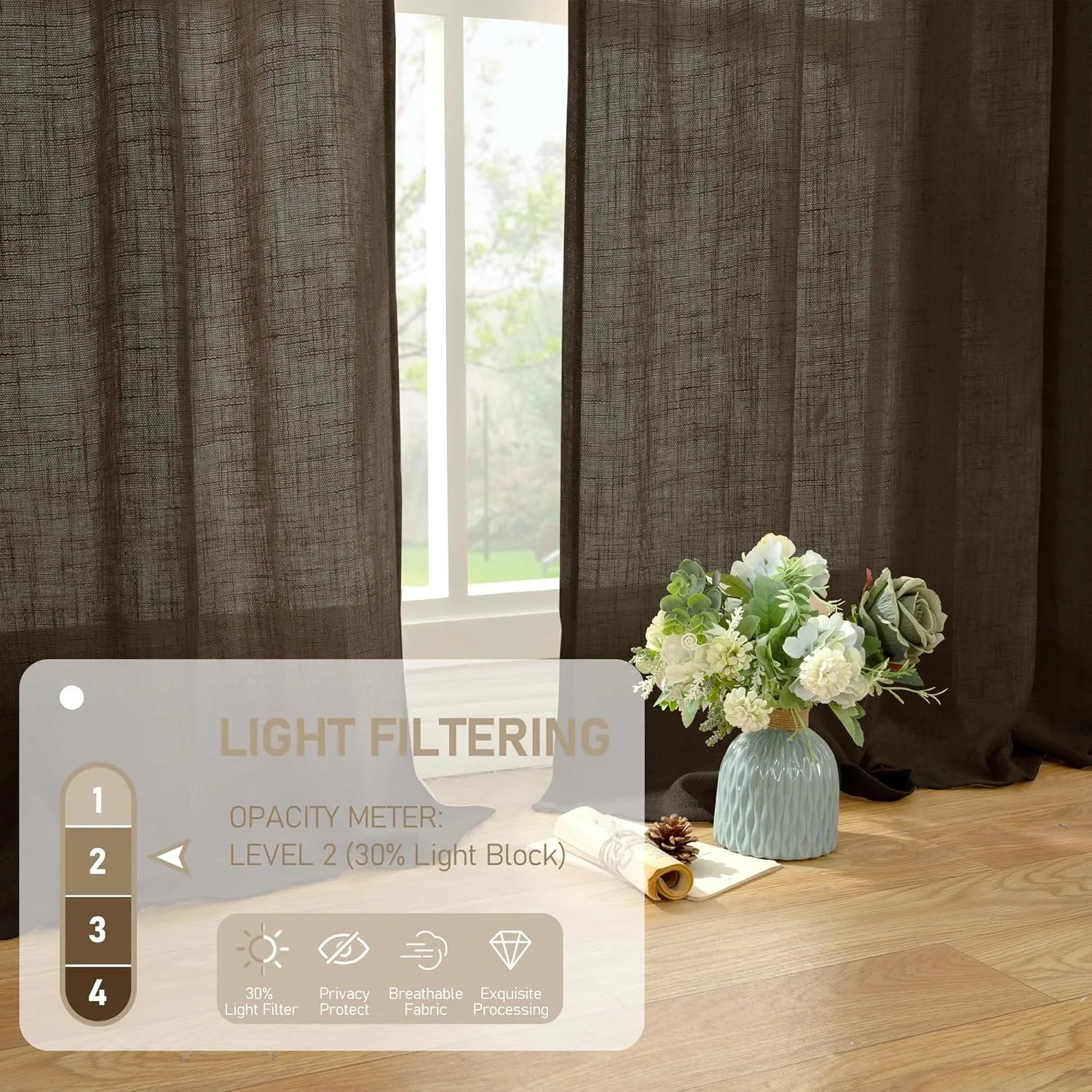Light filtering Neutral Linen Curtain - Dark Brown