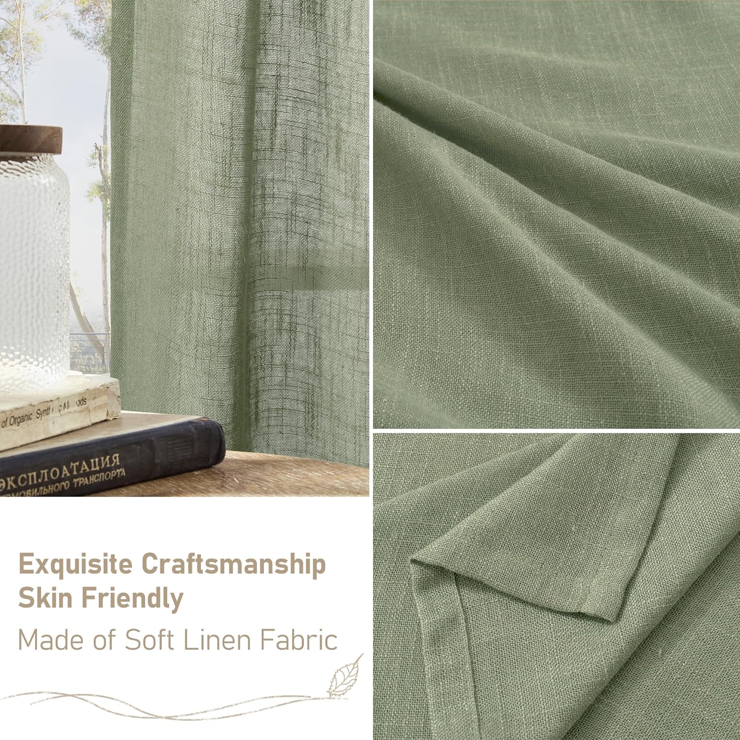 Light filtering Neutral Linen Curtain - Sage Green