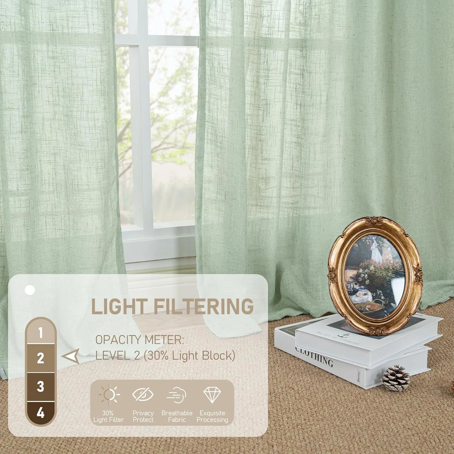 Light filtering Neutral Linen Curtain - Fresh Green