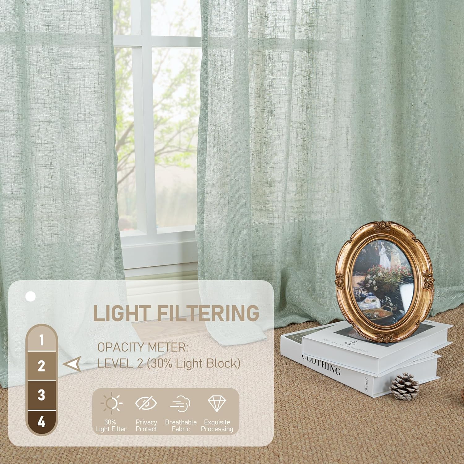 Light filtering Neutral Linen Curtain - Light Sage