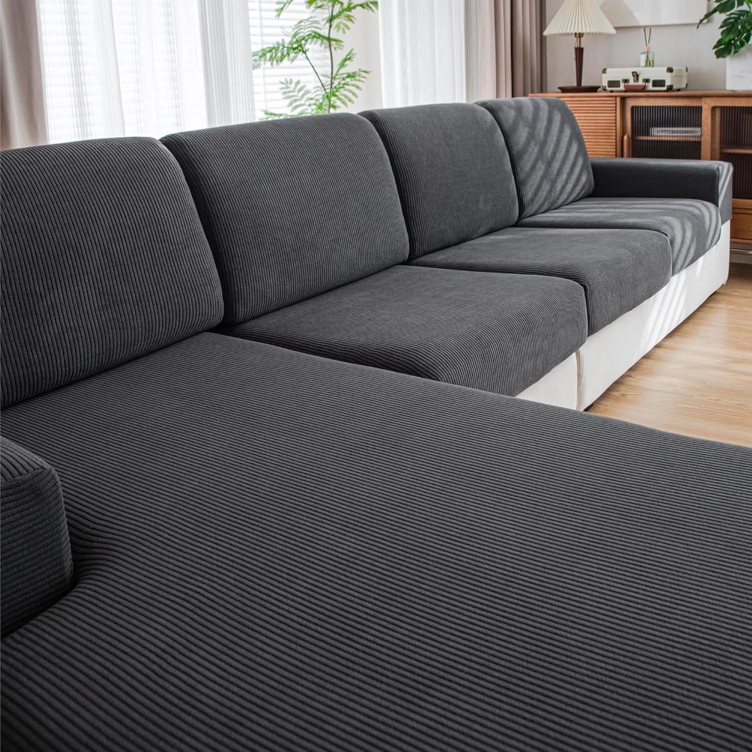 Performance Solid Striped Stretch Sofa Cushion Cover - Dark Gray