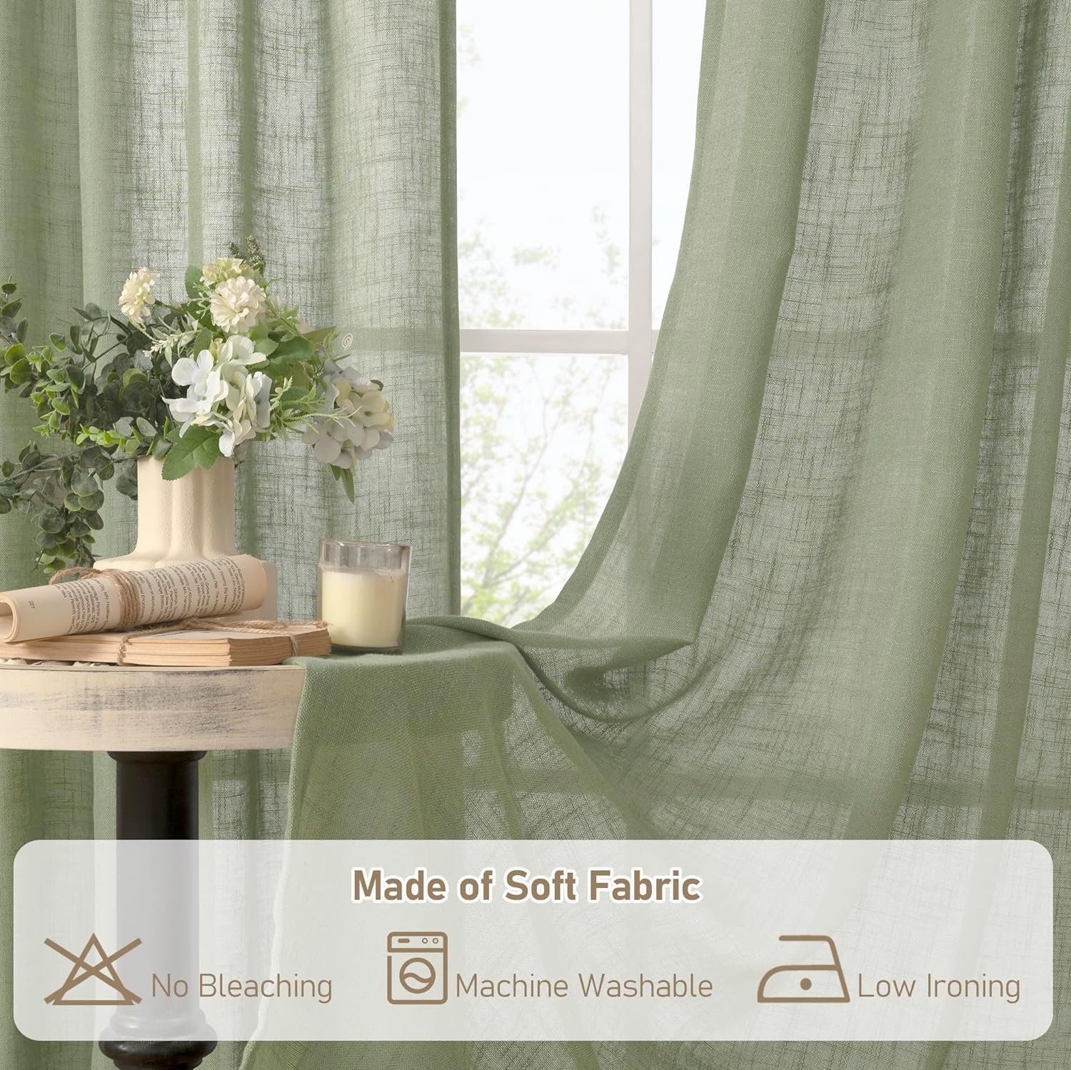 Light filtering Neutral Linen Curtain - Sage Green