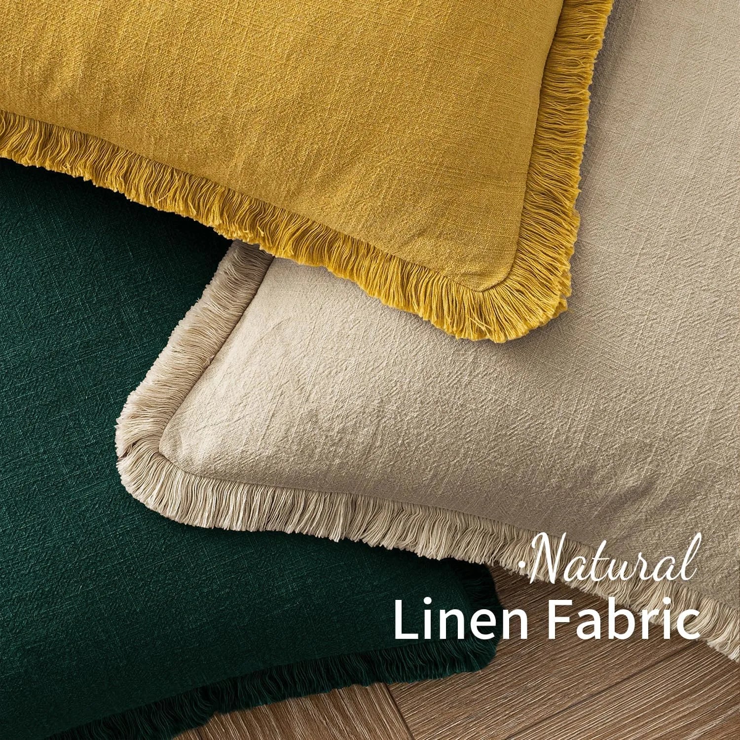 Solid Neutral Linen Fringe Throw Pillowcase 2 Pack - Beige