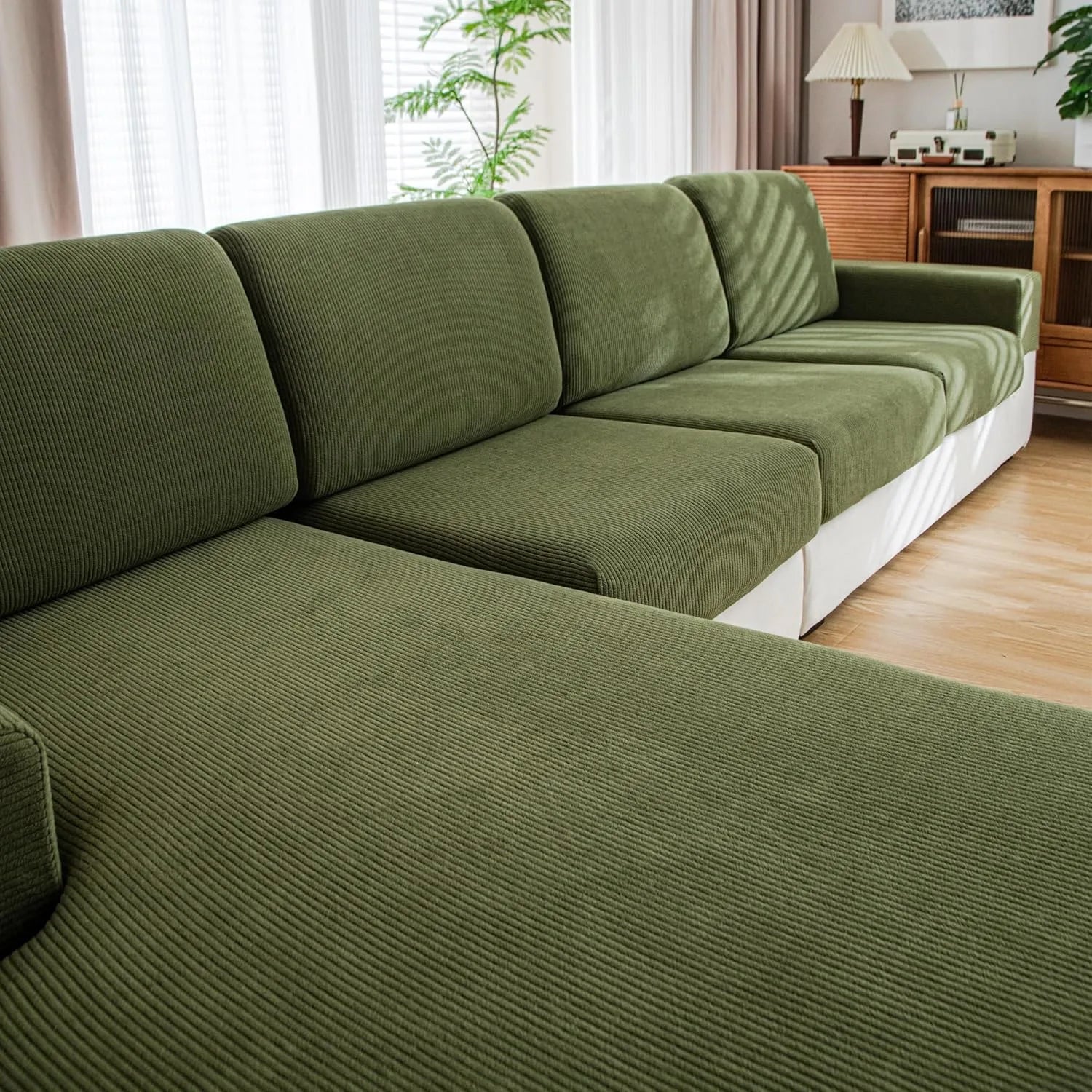 Performance Solid Striped Stretch Sofa Cushion Cover - Green