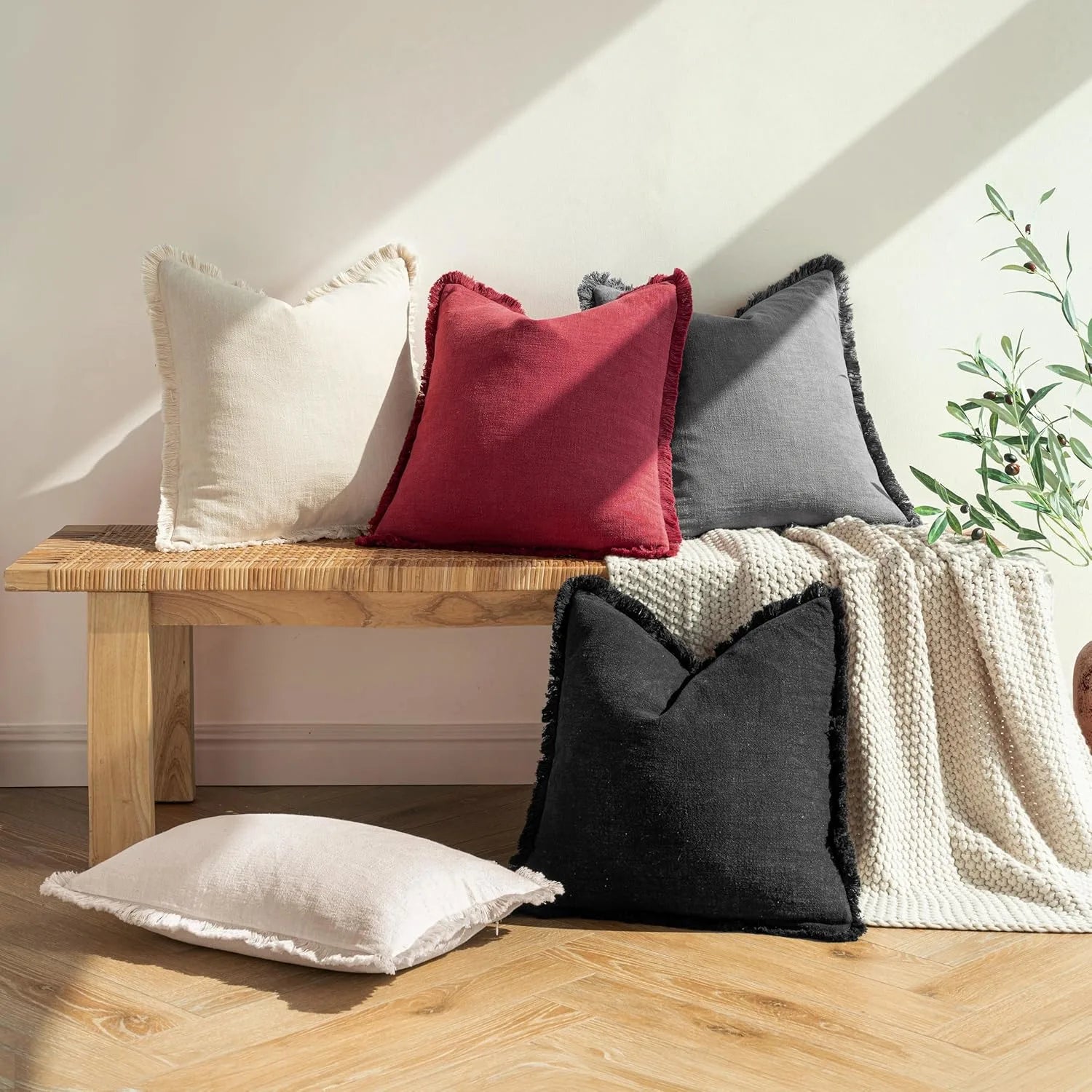 Solid Neutral Linen Fringe Throw Pillowcase 2 Pack - Burgundy