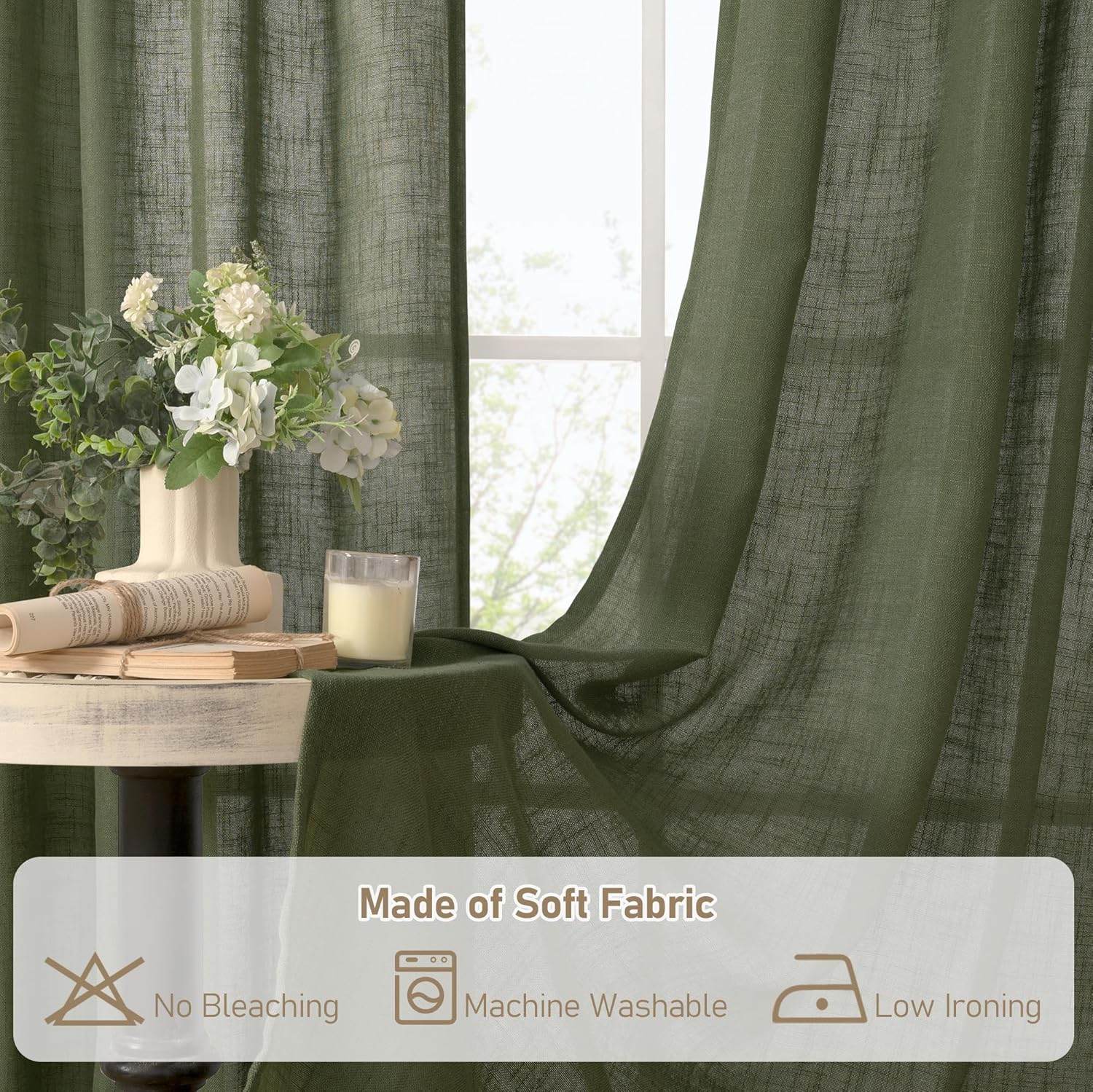 Light filtering Neutral Linen Curtain - Olive Green
