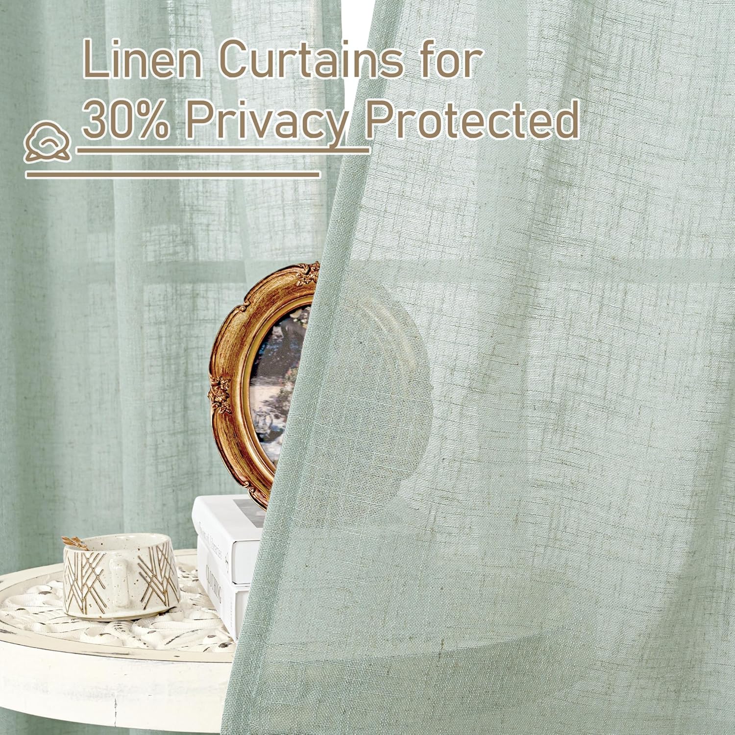 Light filtering Neutral Linen Curtain - Light Sage