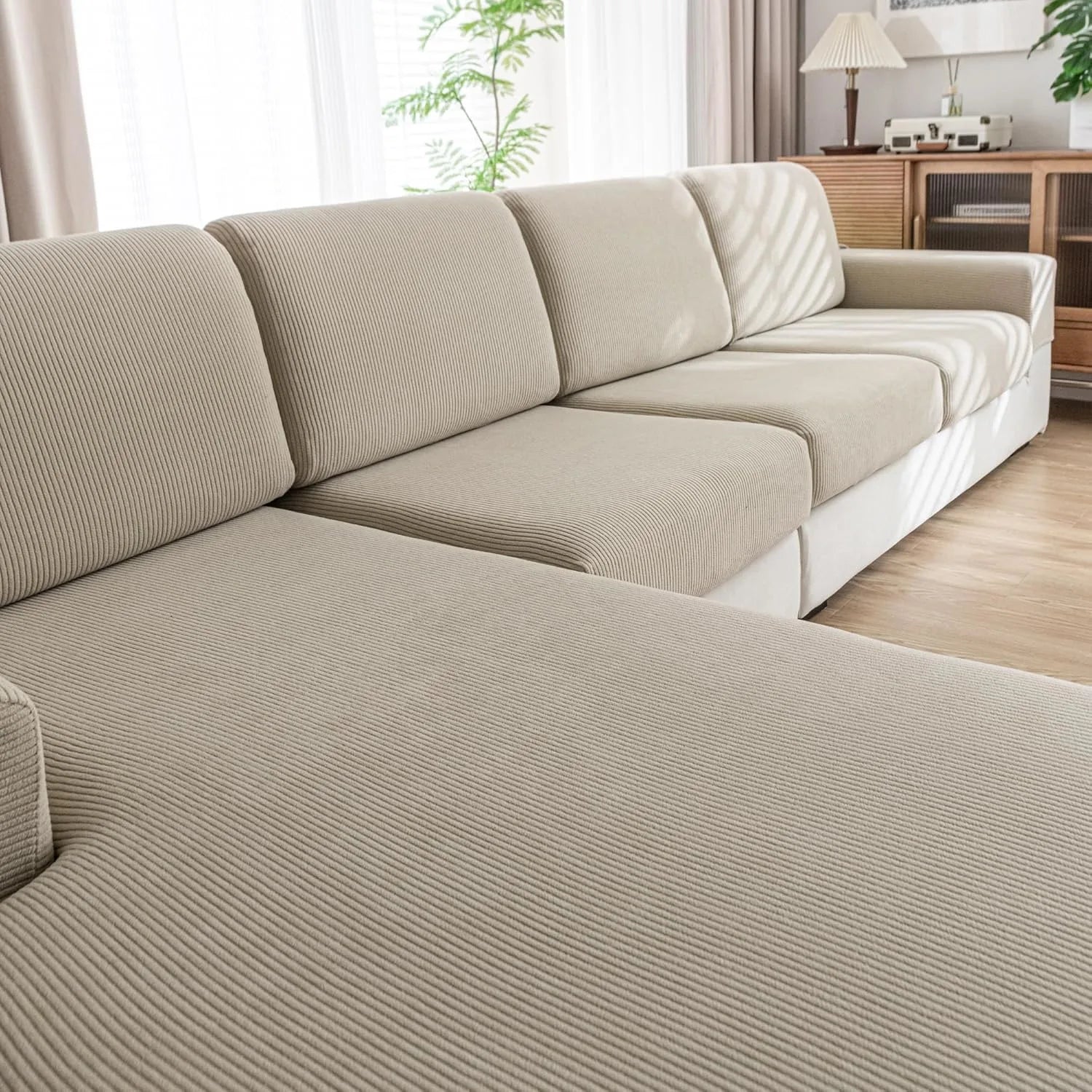 Performance Solid Striped Stretch Sofa Cushion Cover - Light Brown