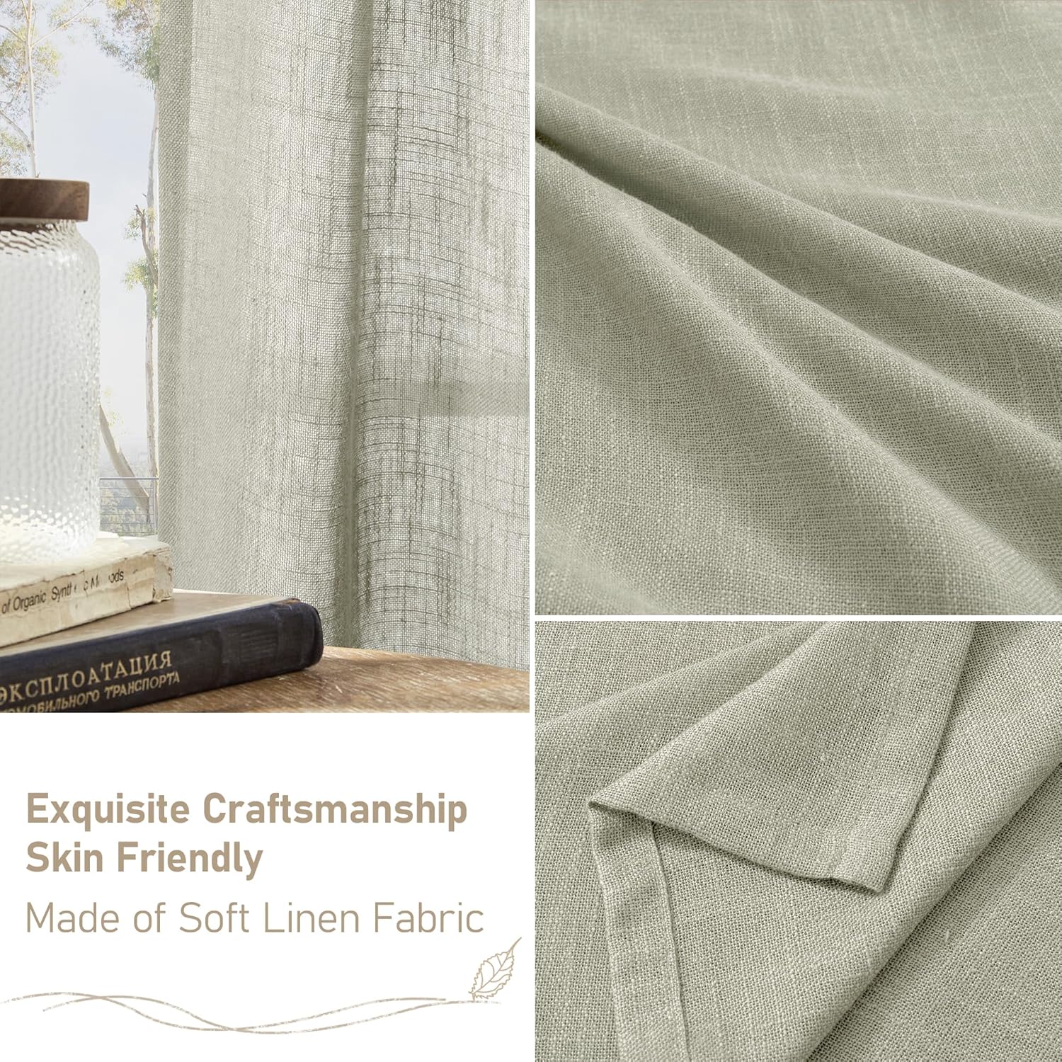 Light filtering Neutral Linen Curtain - Sage Grey