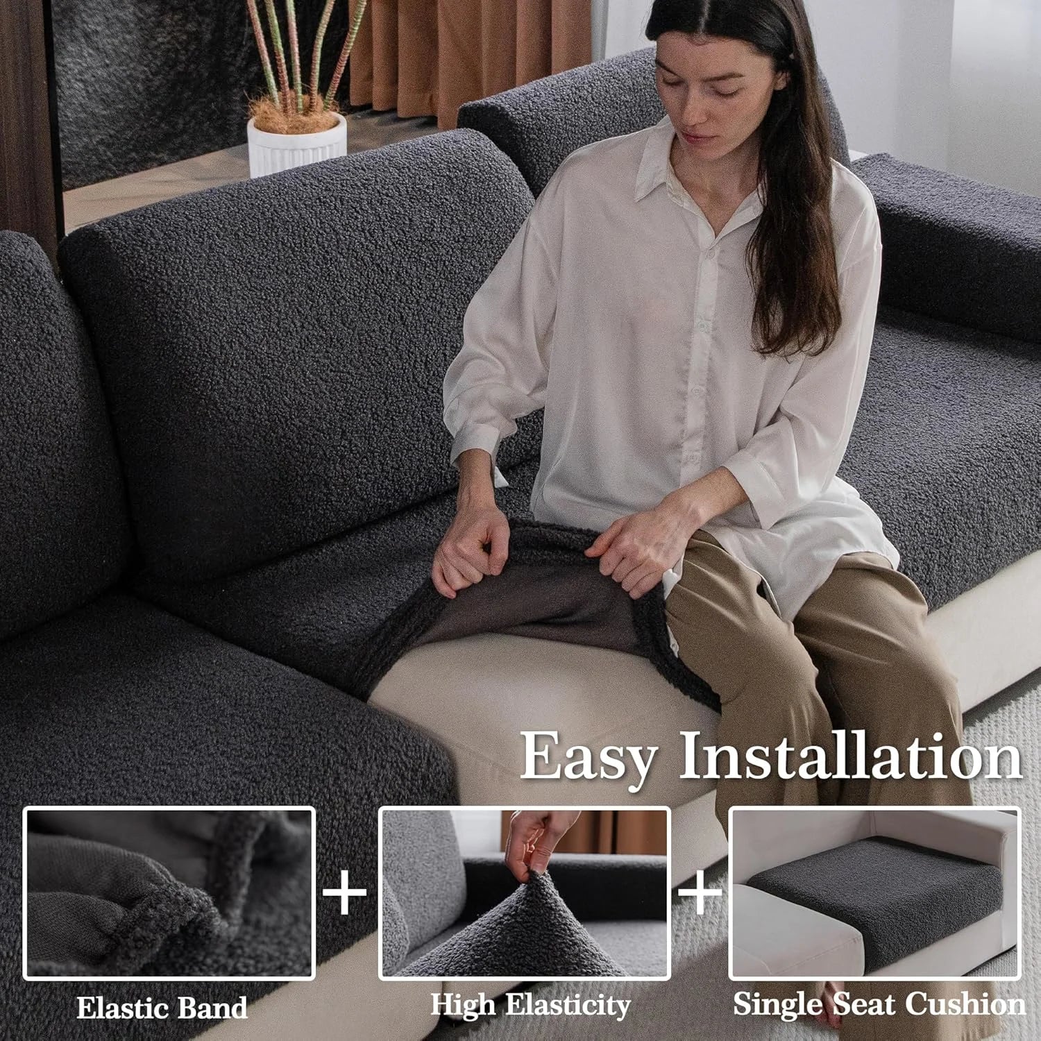 Performance Solid Bouclé Stretch Sofa Cushion Cover - Dark Gray