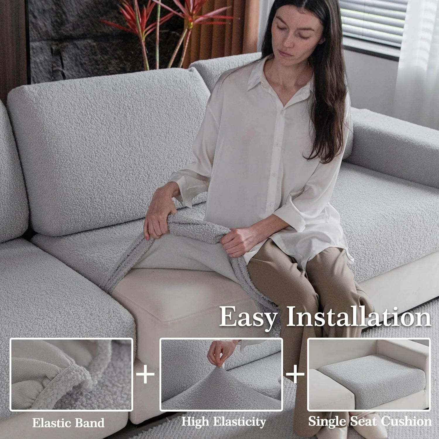 Performance Solid Bouclé Stretch Sofa Cushion Cover - Light Gray