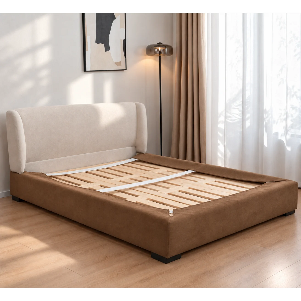 Caramel Brown · Stretch-Fit Inset Bed Frame Cover · Elastic Bands + Back Elastic