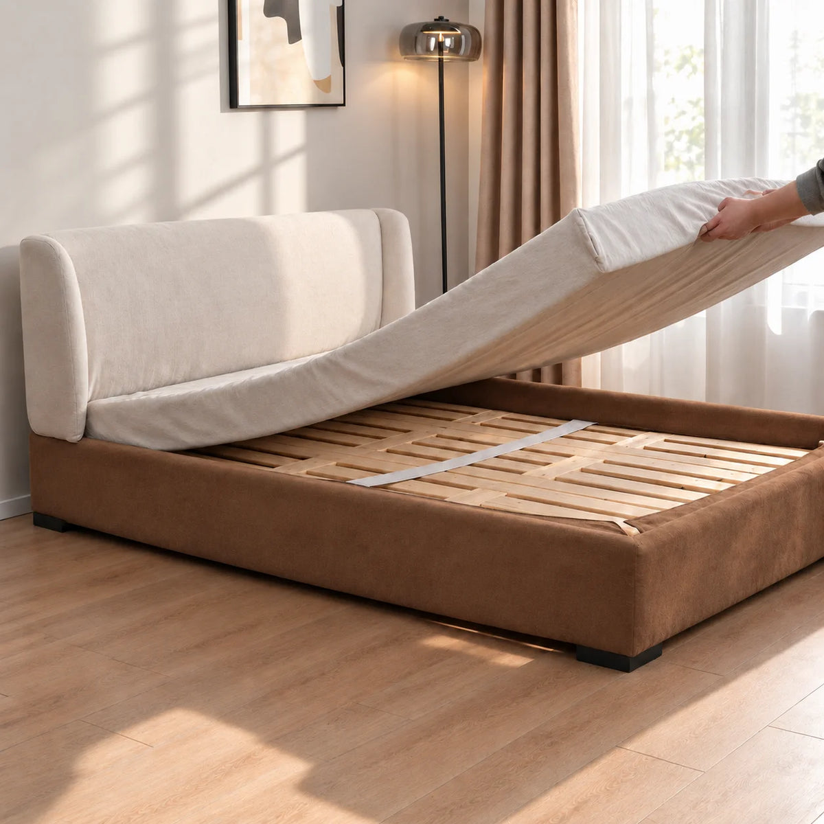 Caramel Brown · Stretch-Fit Inset Bed Frame Cover · Elastic Bands + Back Elastic