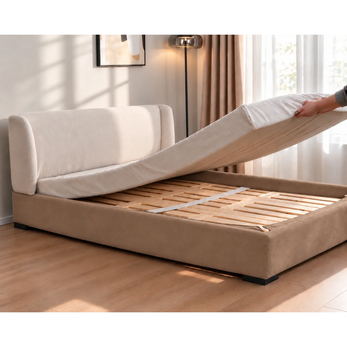 Camel Beige · Stretch-Fit Inset Bed Frame Cover · Elastic Bands + Back Elastic