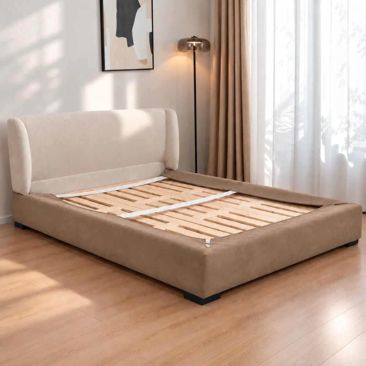Camel Beige · Stretch-Fit Inset Bed Frame Cover · Elastic Bands + Back Elastic