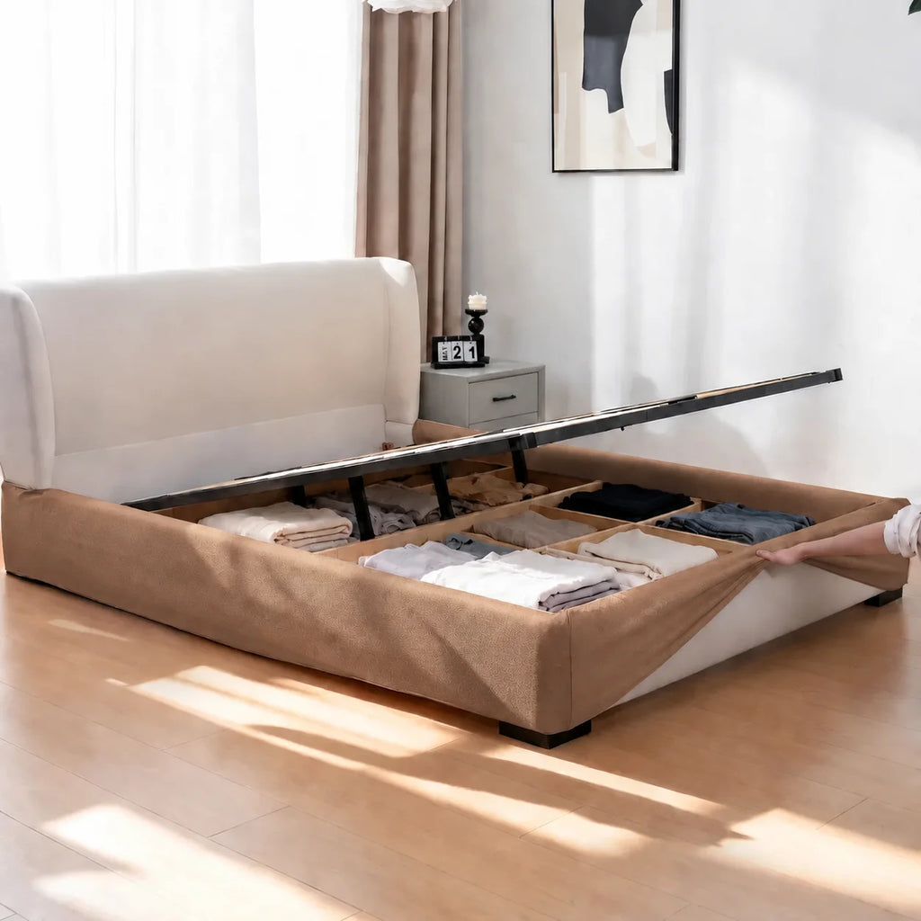 Camel Beige · Stretch-Fit Inset Bed Frame Cover · Tie Straps + Back Elastic