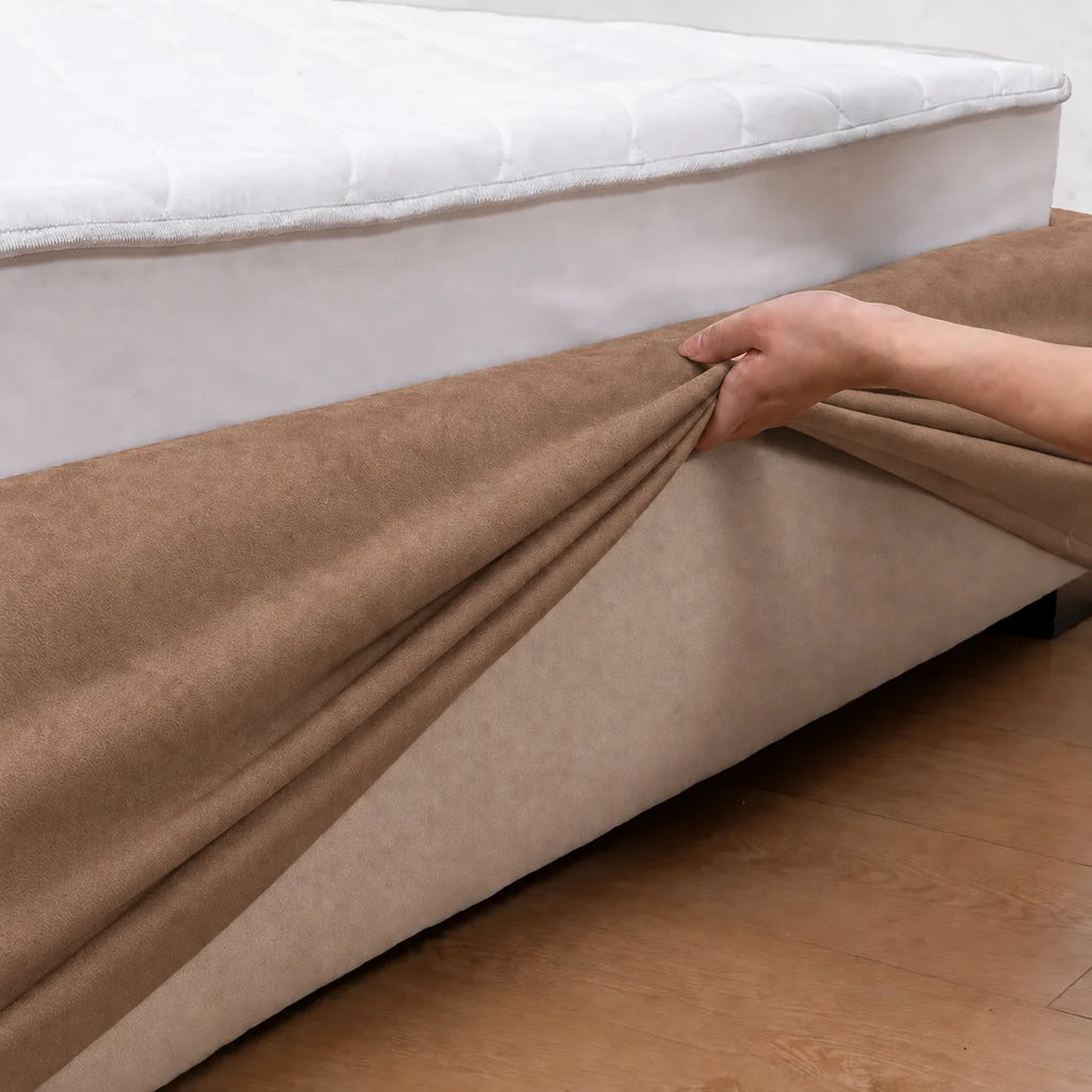 Camel Beige · Stretch-Fit Inset Bed Frame Cover · Tie Straps + Back Elastic