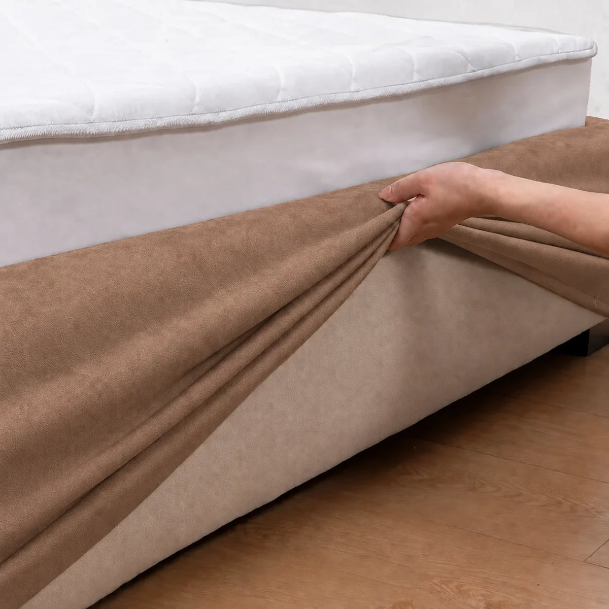Camel Beige · Stretch-Fit Inset Bed Frame Cover · Tie Straps + Back Elastic