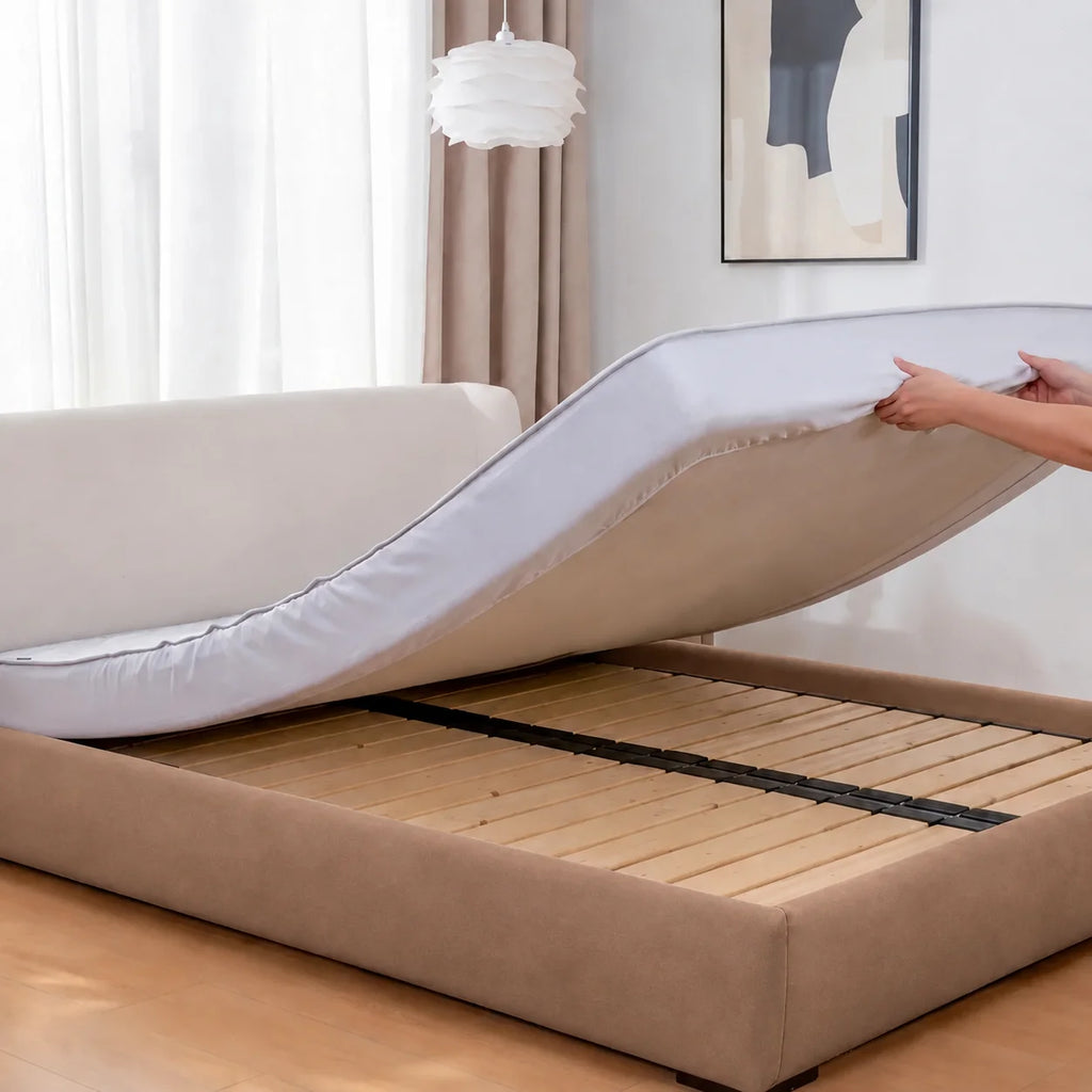 Camel Beige · Stretch-Fit Inset Bed Frame Cover · Tie Straps + Back Elastic