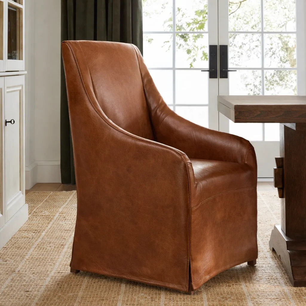Caramel Minotti YX-24 | Long-Skirt Dining Chair with armrest Slipcover