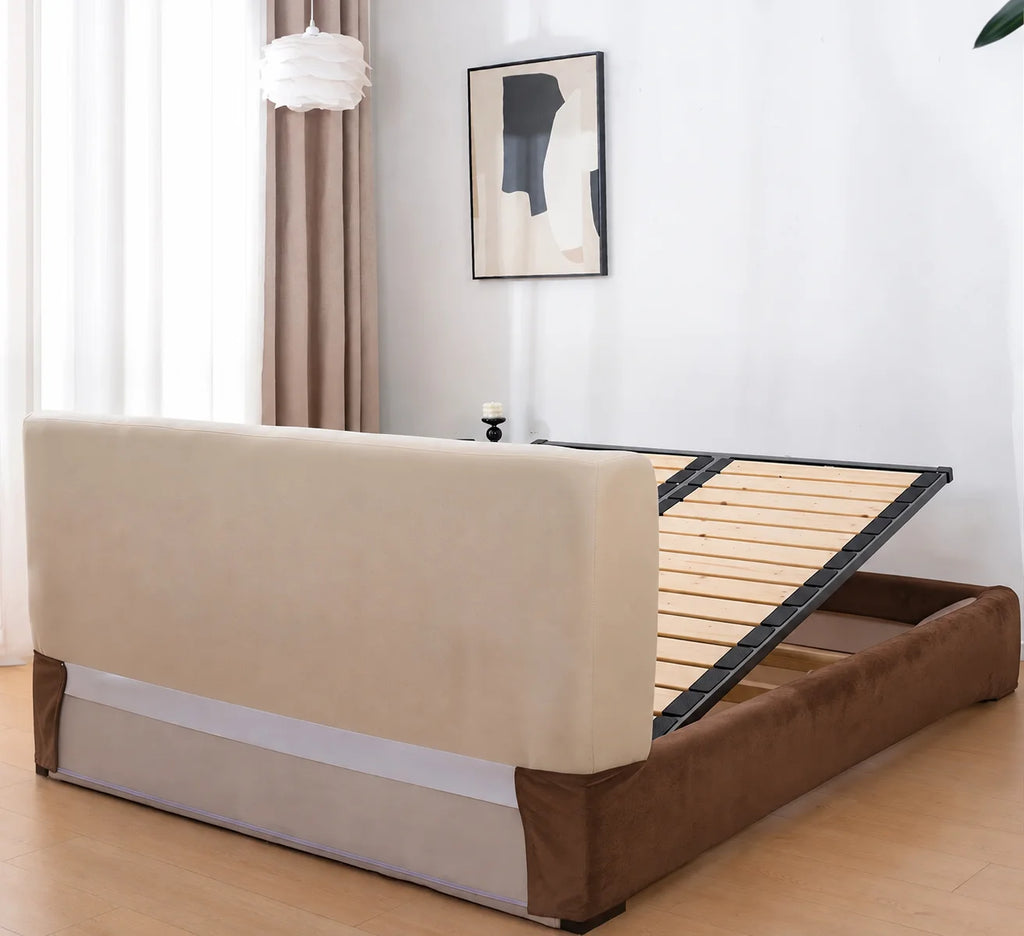 Caramel Brown · Stretch-Fit Inset Bed Frame Cover · Tie Straps + Back Elastic