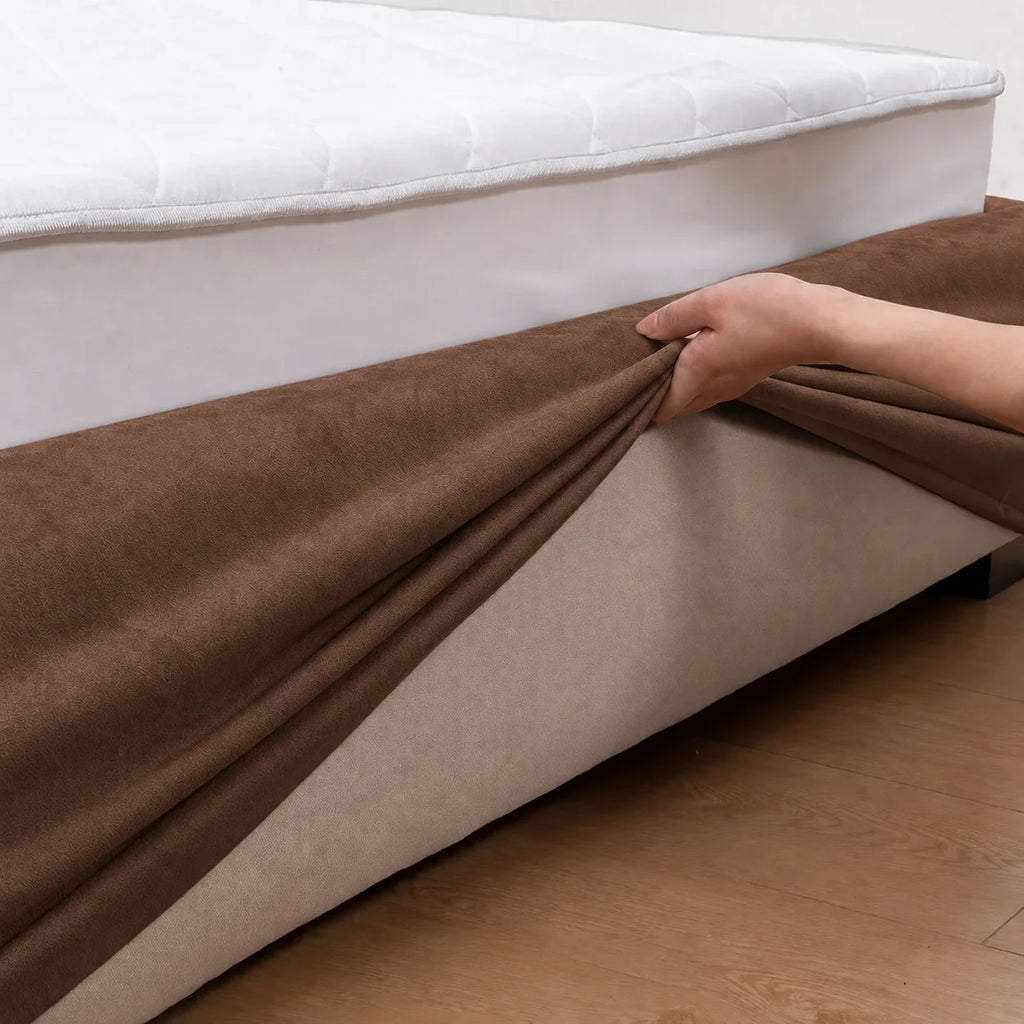 Caramel Brown · Stretch-Fit Inset Bed Frame Cover · Tie Straps + Back Elastic