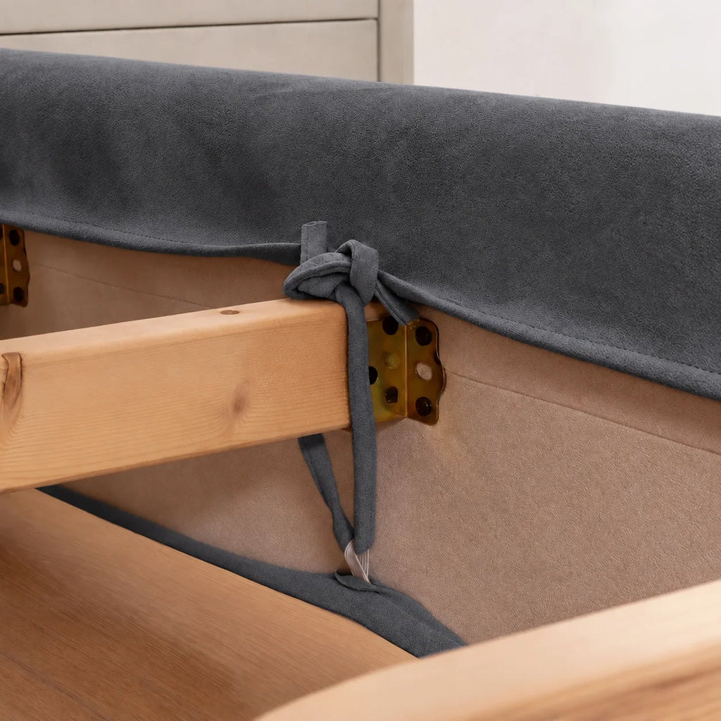 Charcoal Gray · Stretch-Fit Inset Bed Frame Cover · Tie Straps + Back Elastic