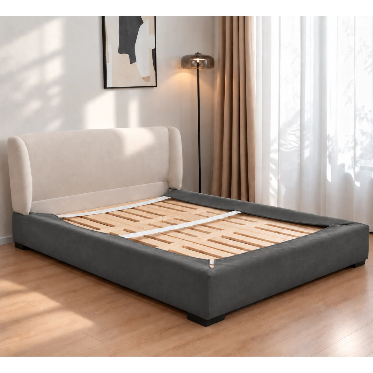 Charcoal Gray · Stretch-Fit Inset Bed Frame Cover · Elastic Bands + Back Elastic