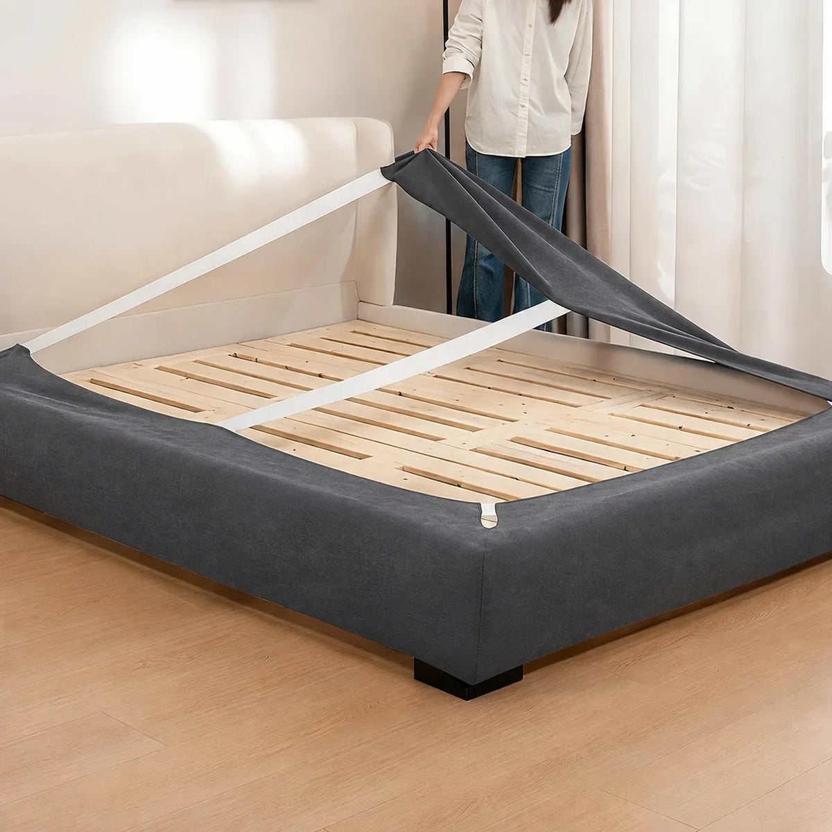 Charcoal Gray · Stretch-Fit Inset Bed Frame Cover · Elastic Bands + Back Elastic