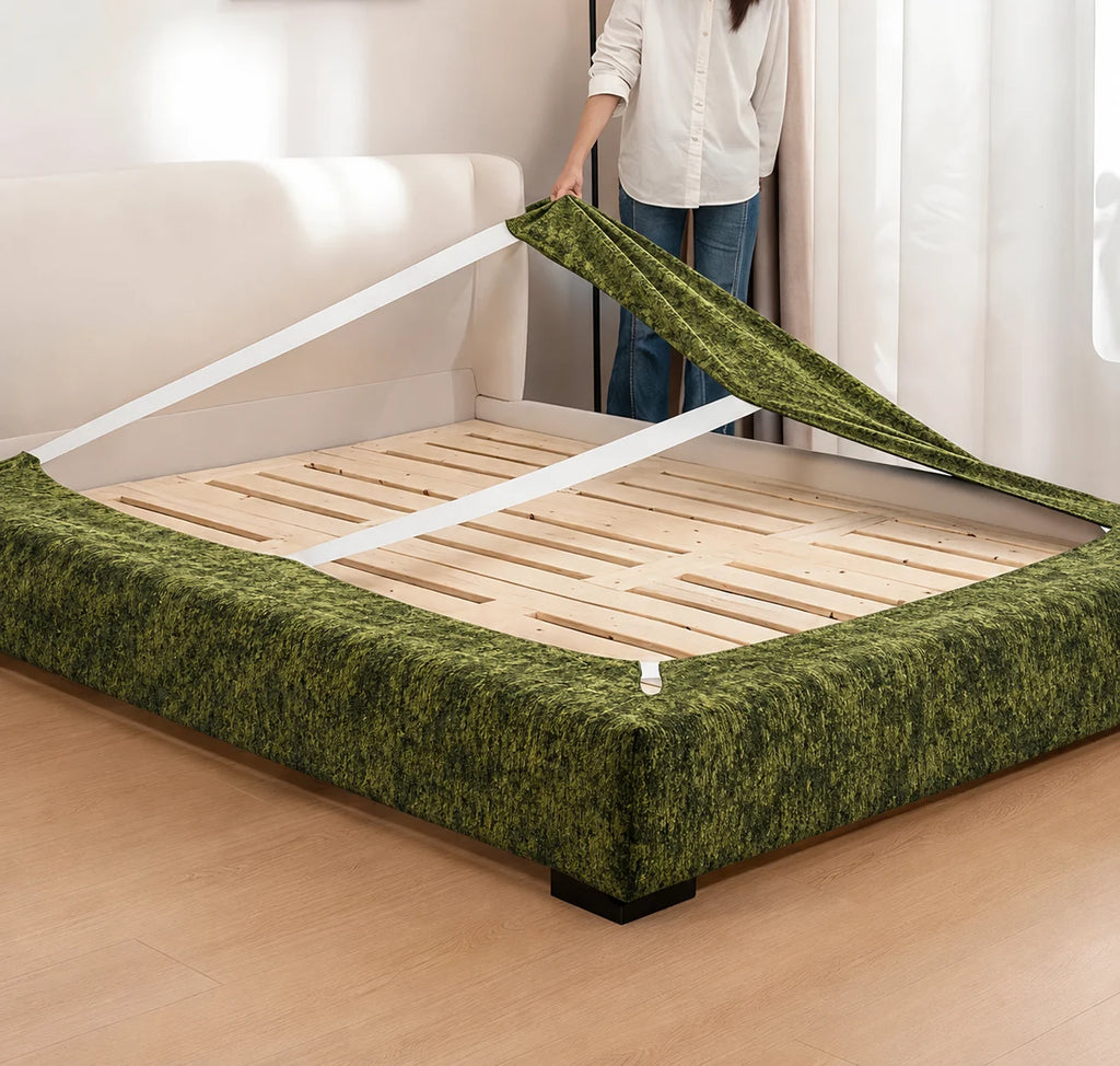 Moss Trace · Stretch-Fit Inset Bed Frame Cover · Elastic Bands + Back Elastic
