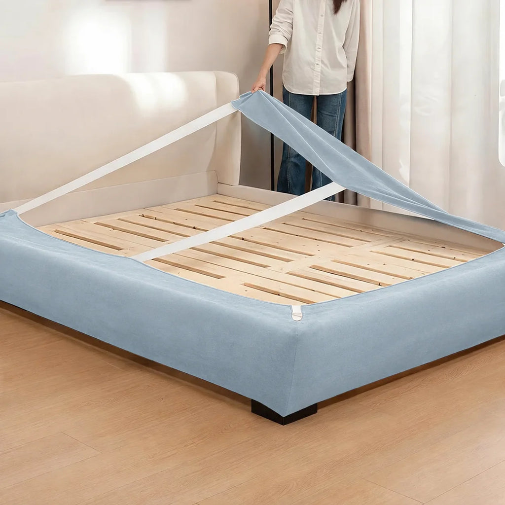 Sky Blue · Stretch-Fit Inset Bed Frame Cover · Elastic Bands + Back Elastic